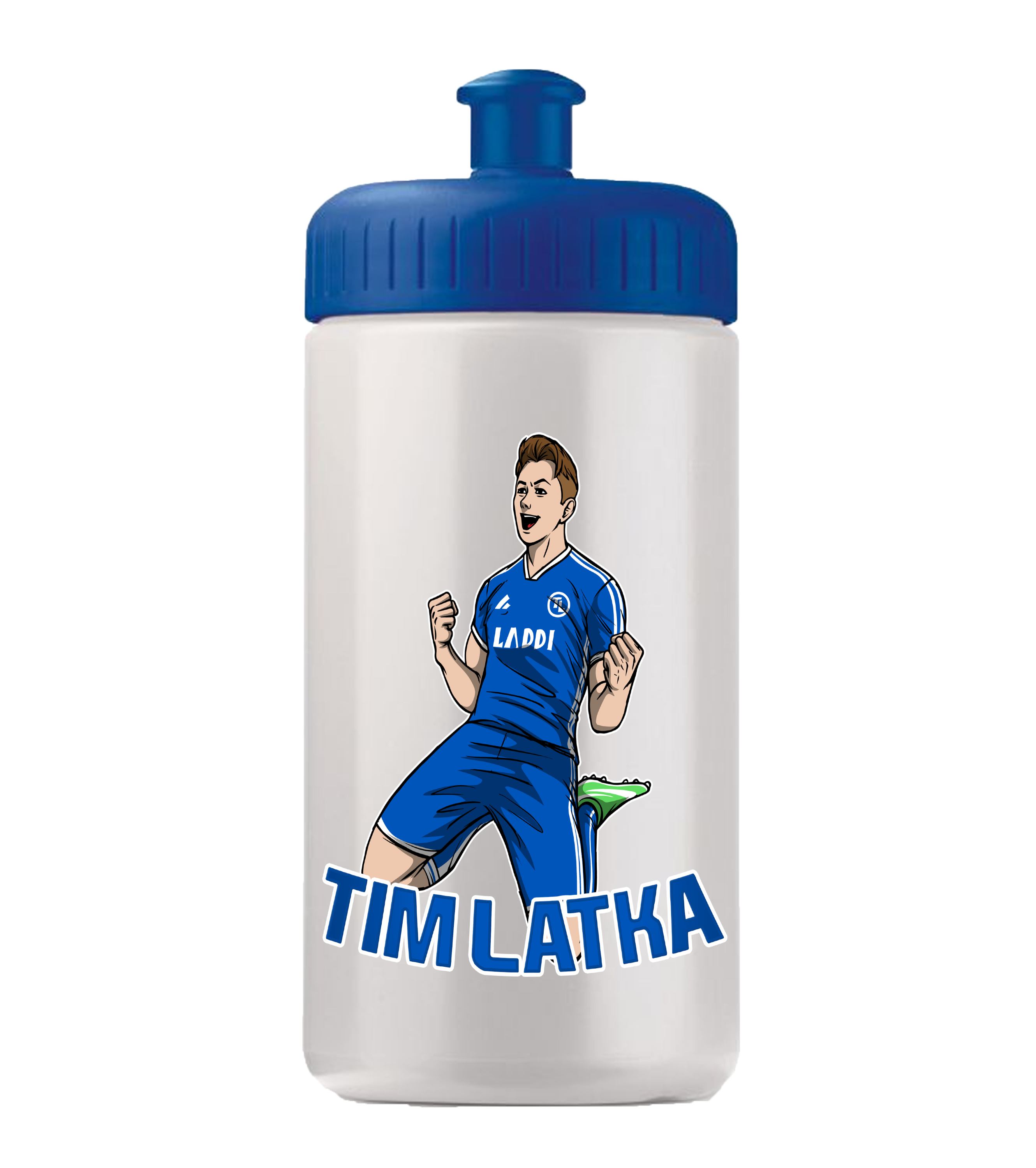 Weiße Trinkflasche mit blauem Deckel und Tim Latka Comic-Motiv im Fußballtrikot mit „LADDI“-Schriftzug.