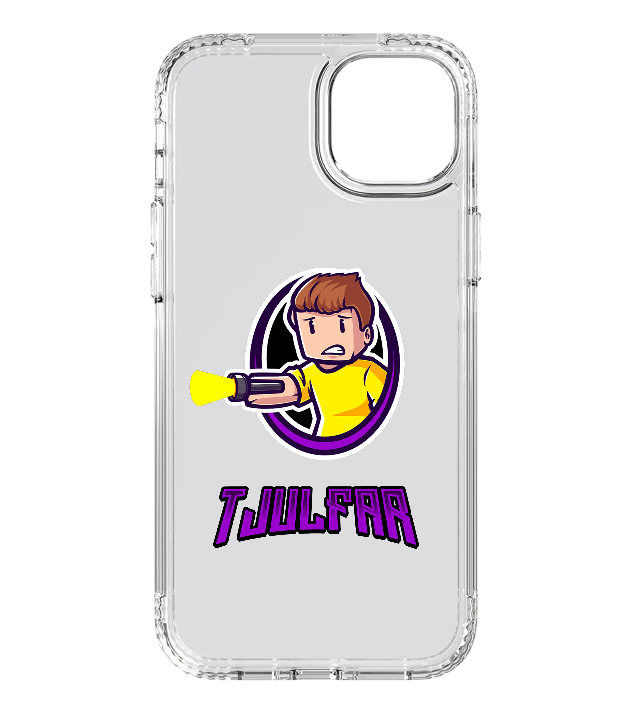 Transparente Handyhülle mit Cartoon-Illustration von Tjulfar im gelben Shirt und Blaster, darunter lila Schriftzug „TJULFAR“.