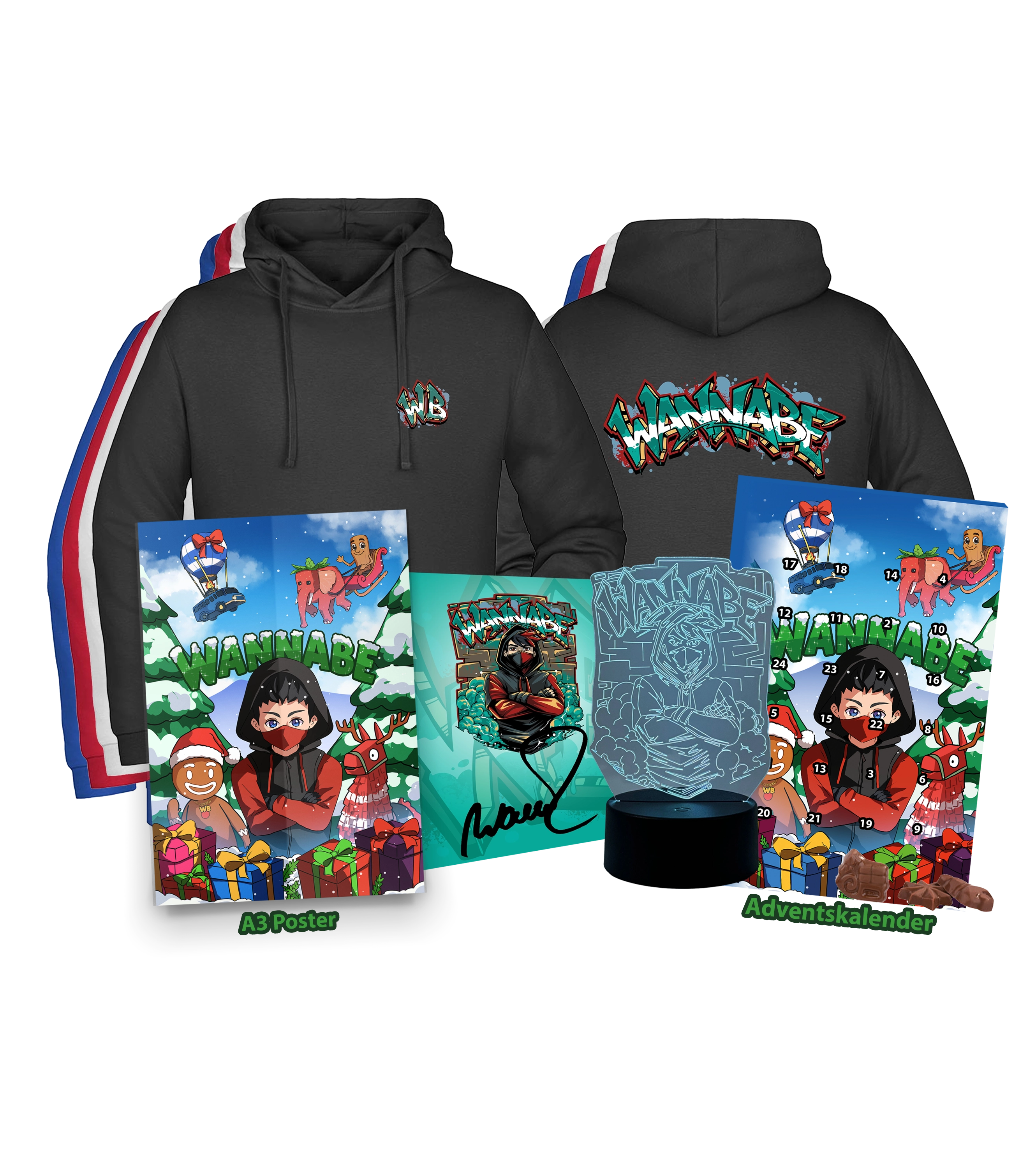 WannaBe Super Bundle - Graffiti Hoodie + Adventskalender + 3D-Lampe + Poster + Autogrammkarte