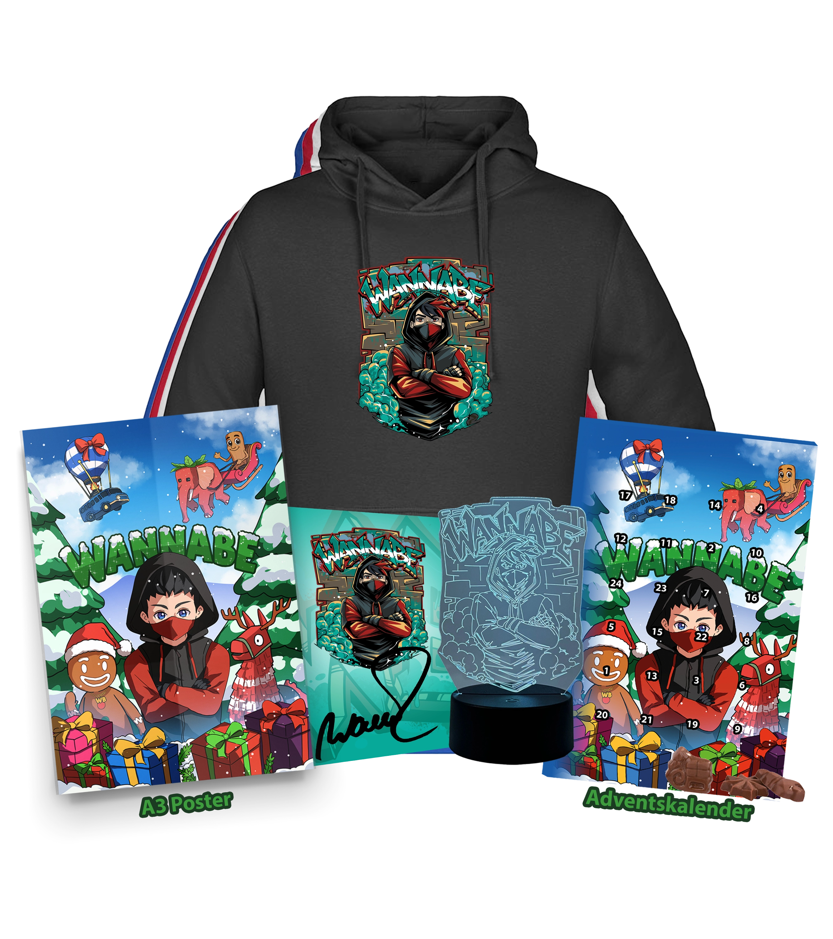WannaBe Super Bundle - Logo Hoodie + Adventskalender + 3D-Lampe + Poster + Autogrammkarte