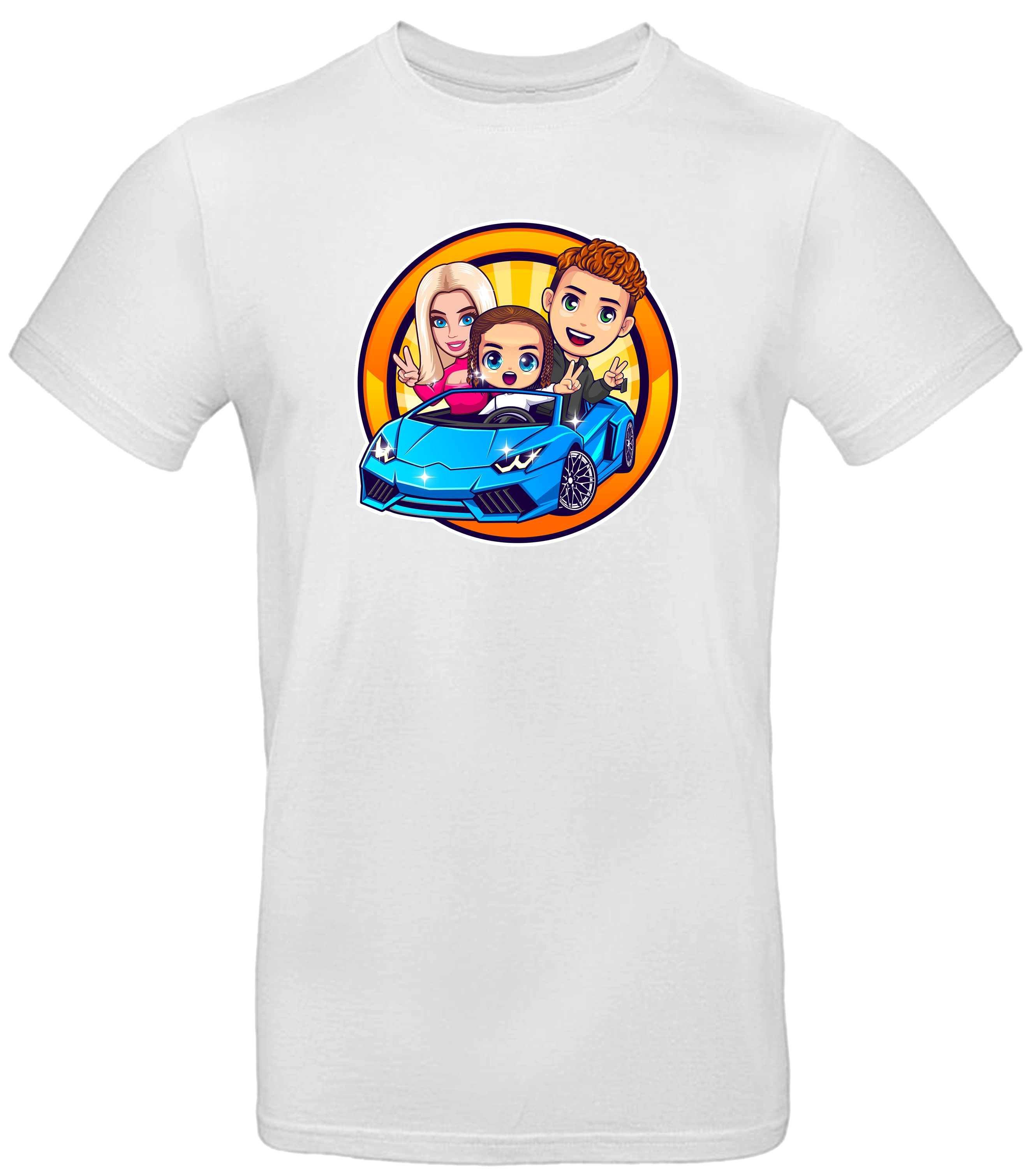 Weißes T-Shirt mit Comic-Motiv: drei Figuren in einem blauen Sportwagen vor gelb-orangefarbenem Hintergrund