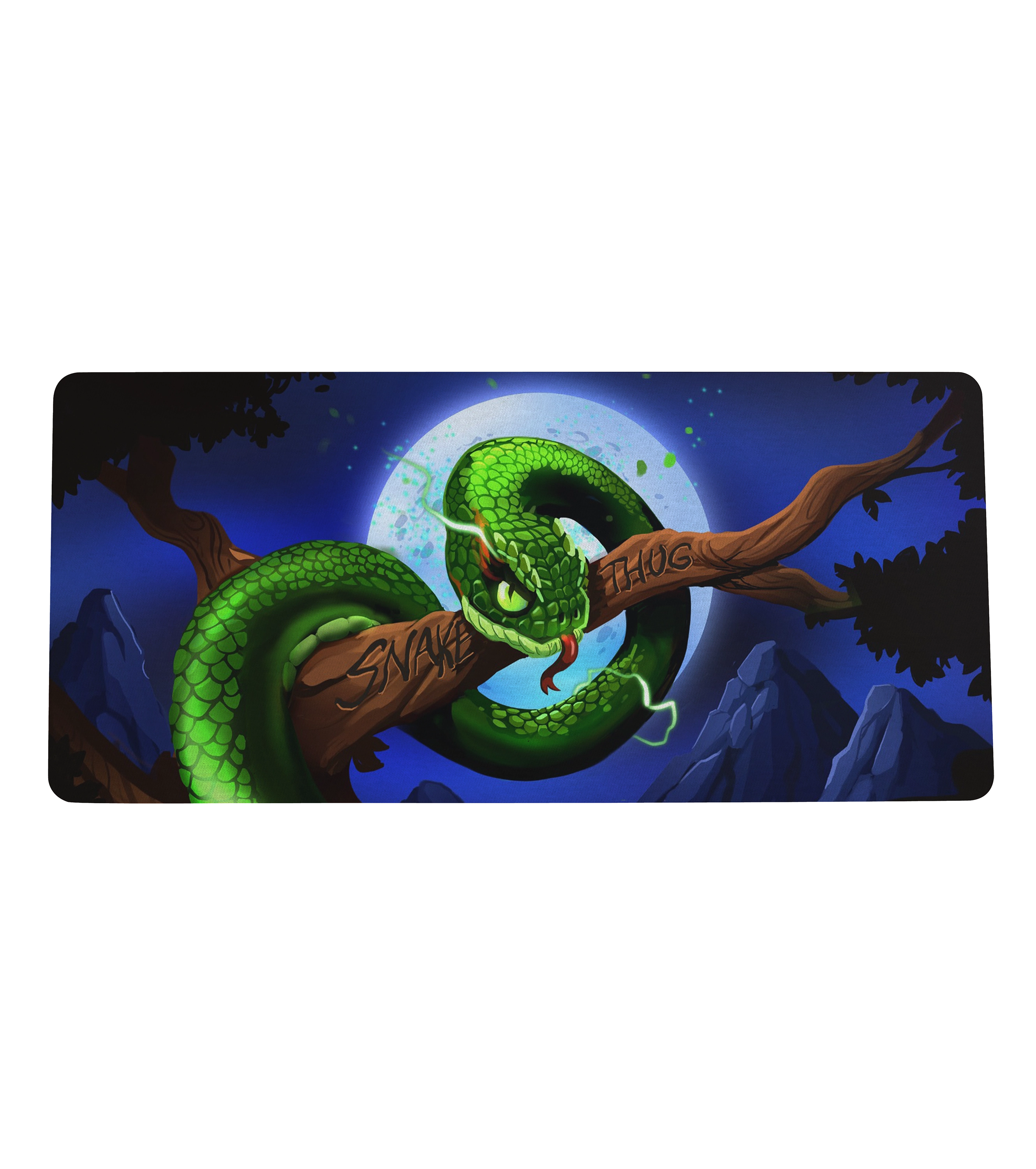 Großes Gaming-Mauspad mit grünem Schlangenmotiv vor Vollmond – rutschfeste Unterlage für Zocker und Kreative.