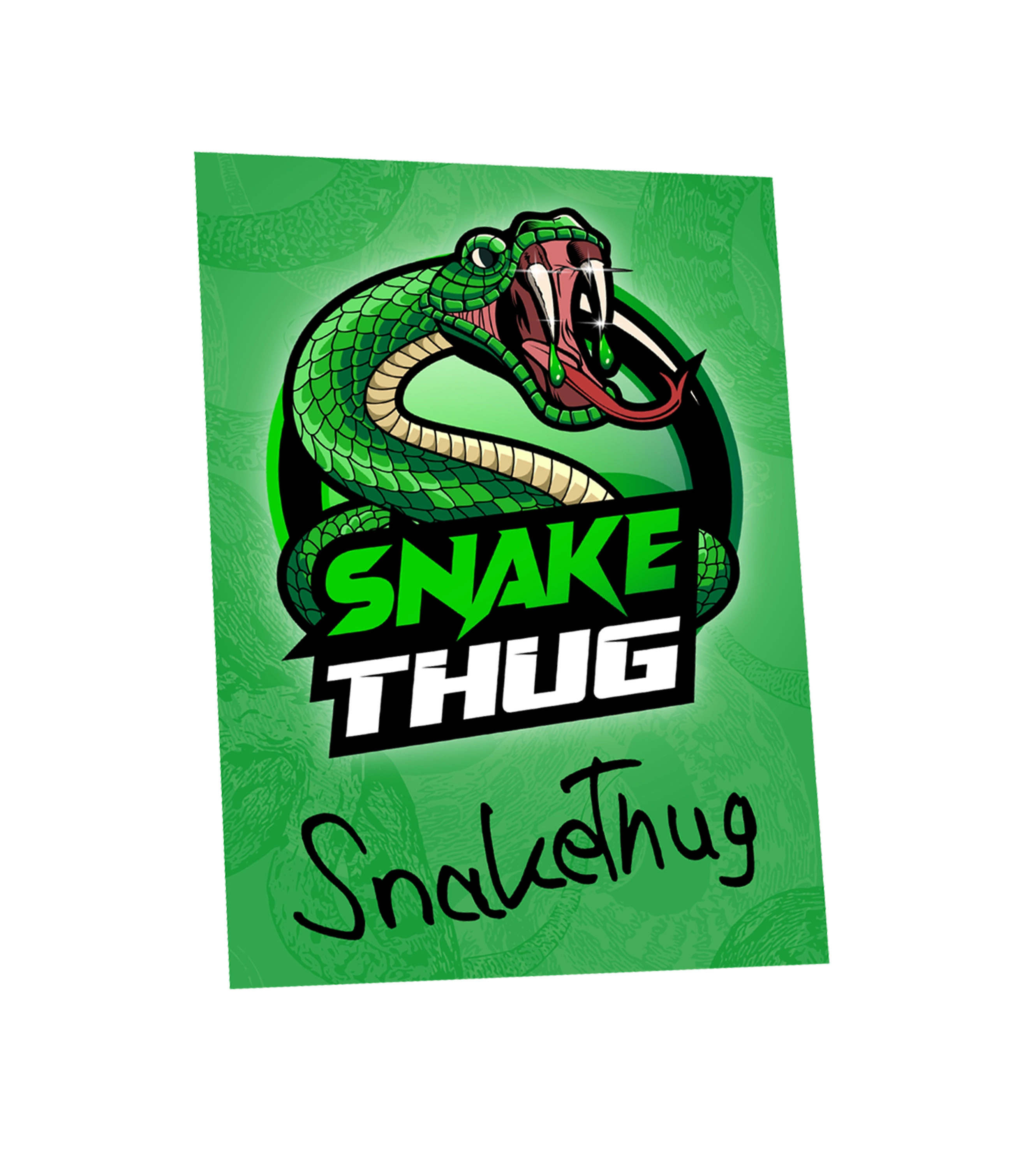 Grüne SnakeThug Autogrammkarte mit Schlangenlogo und Unterschrift – Sammlerstück für echte Fans.