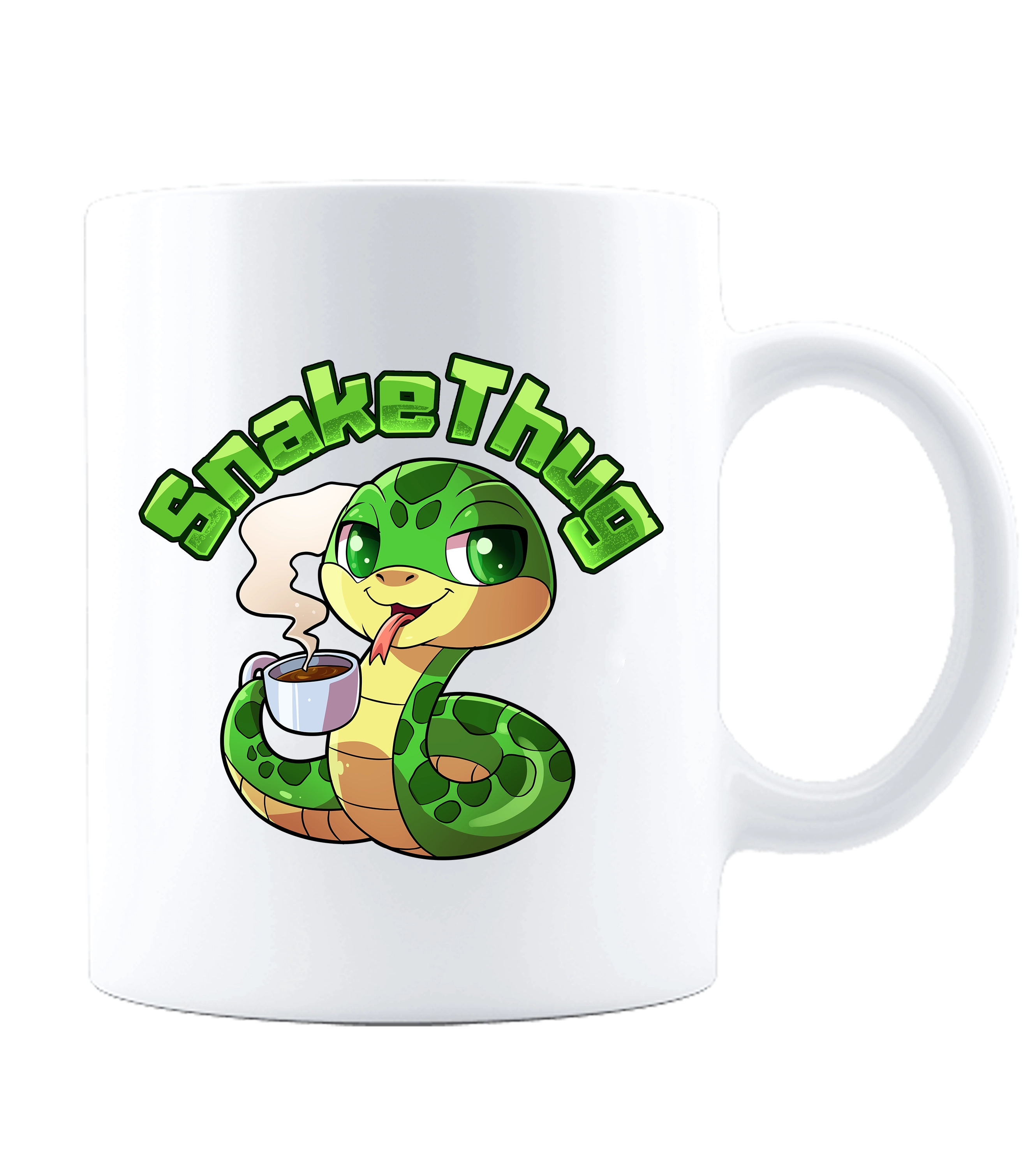 Weiße SnakeThug Tasse mit süßem Cartoon-Schlangenmotiv – perfekt für Kaffee, Tee und Fans.