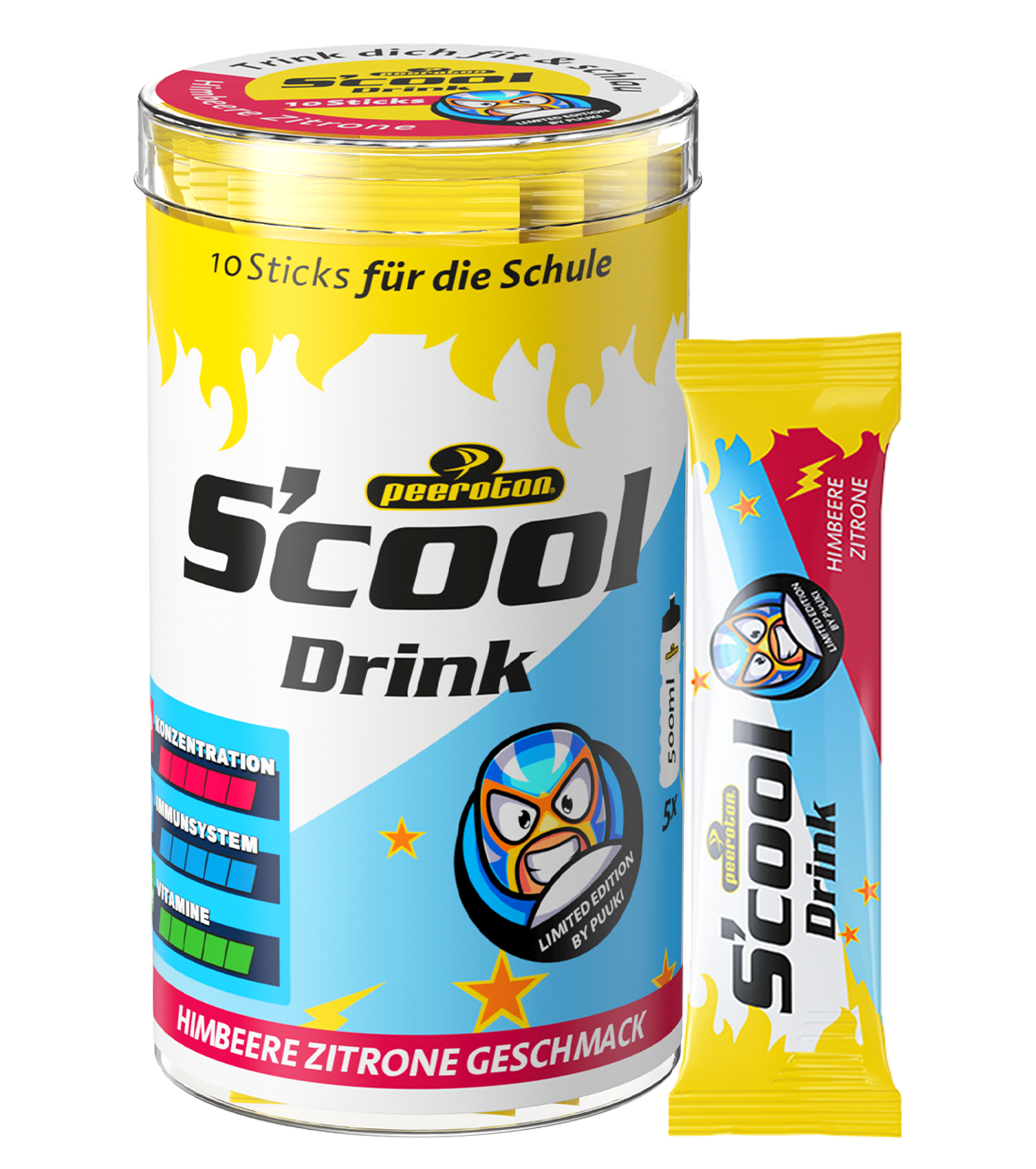 Peeroton S’cool Drink in der Geschmacksrichtung Himbeere Zitrone mit Puuki-Motiv. 10 praktische Sticks mit Vitaminen zur Unterstützung von Konzentration und Immunsystem. Limited Edition für Kinder.