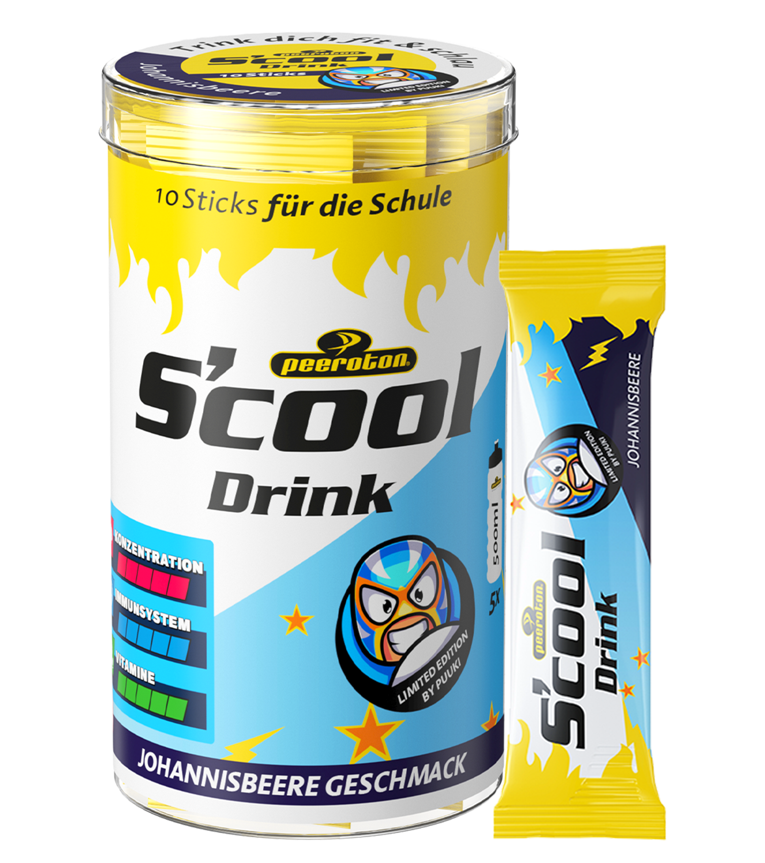 Peeroton S’cool Drink Johannisbeere im 10er-Stickpack mit Puuki-Motiv. Unterstützt Konzentration, Immunsystem und enthält Vitamine. Limited Edition für Kinder.