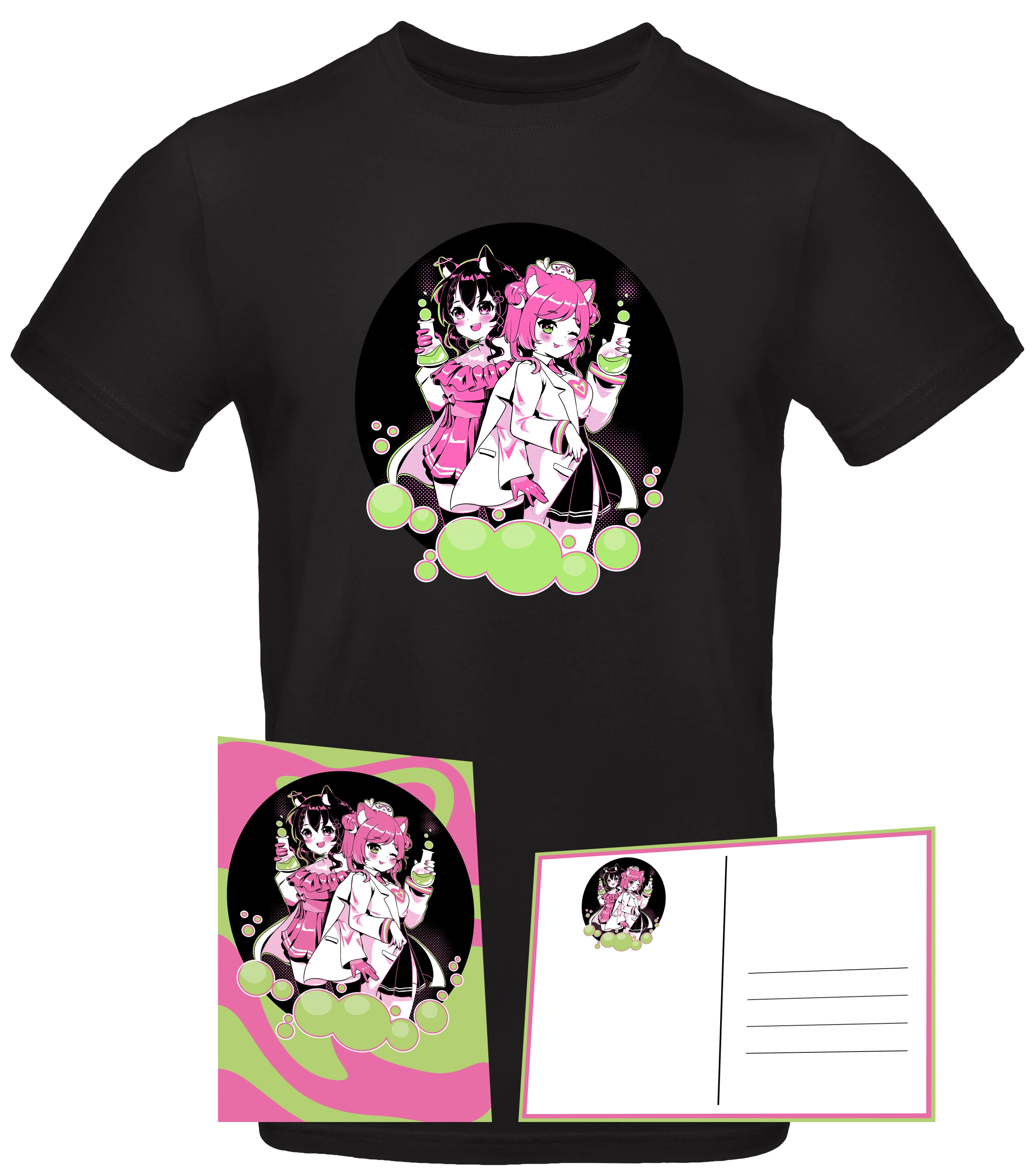 Anime-Bundle mit schwarzem T-Shirt und passender Postkarte – süße Manga-Girls in Pink und Grün.

