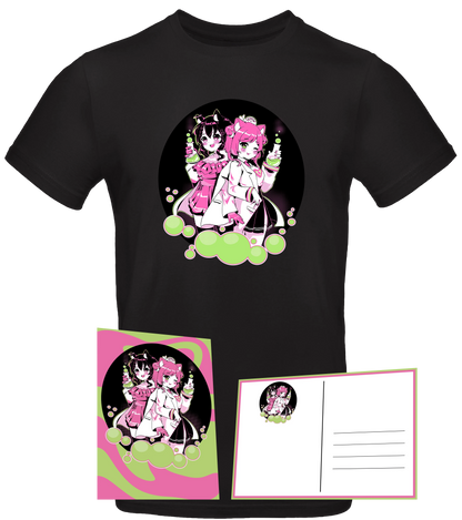 Anime-Bundle mit schwarzem T-Shirt und passender Postkarte – süße Manga-Girls in Pink und Grün.

