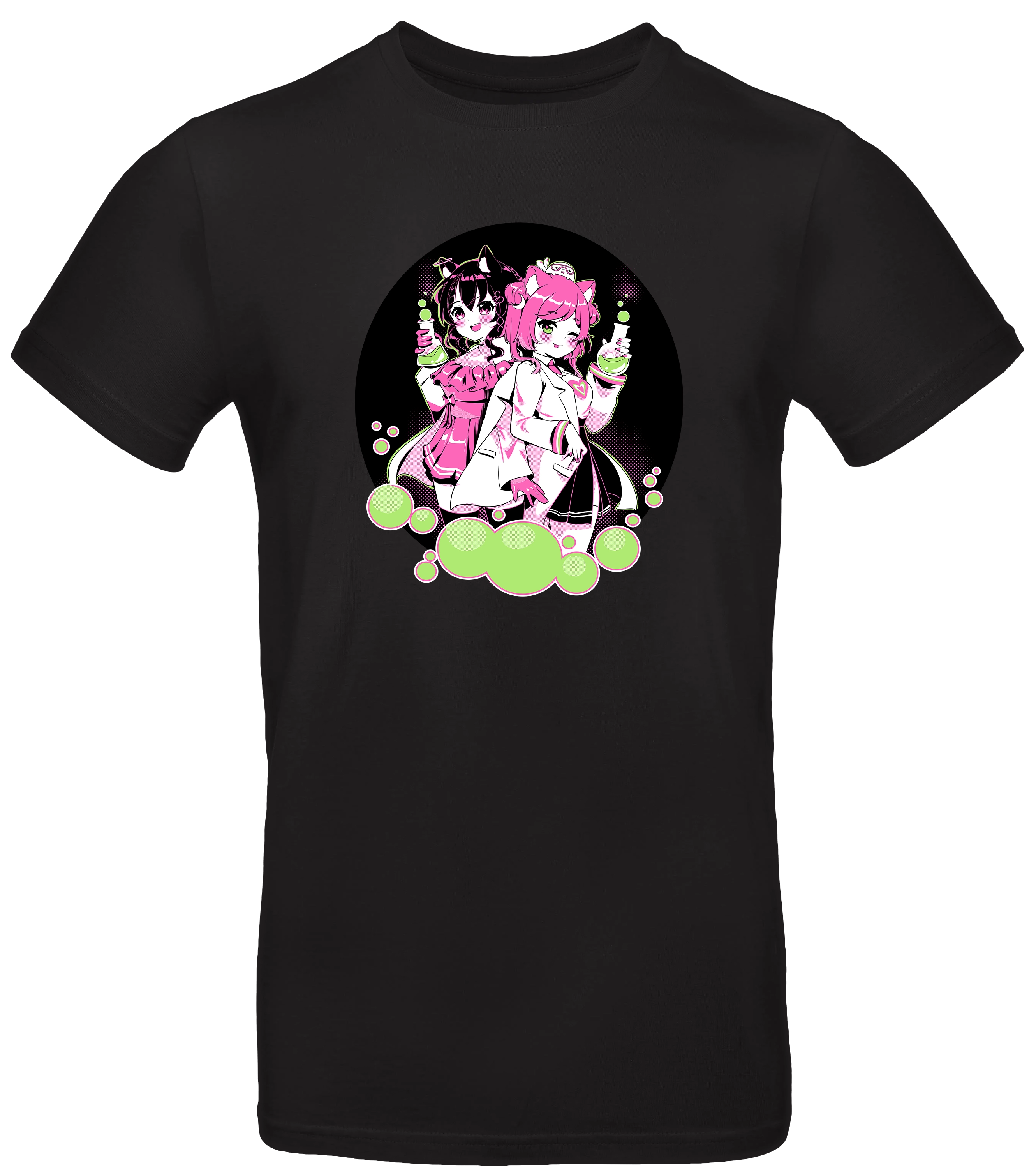 Schwarzes Anime-T-Shirt mit zwei Manga-Girls in Pink und Grün auf einem Seifenblasen-Motiv.

