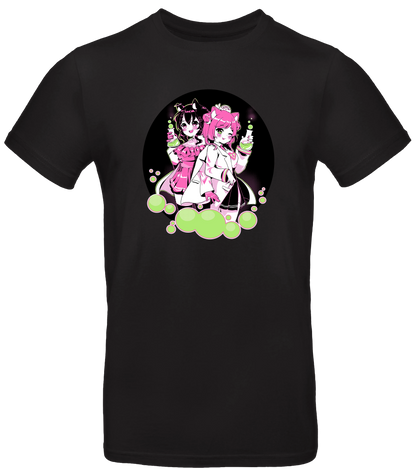 Schwarzes Anime-T-Shirt mit zwei Manga-Girls in Pink und Grün auf einem Seifenblasen-Motiv.

