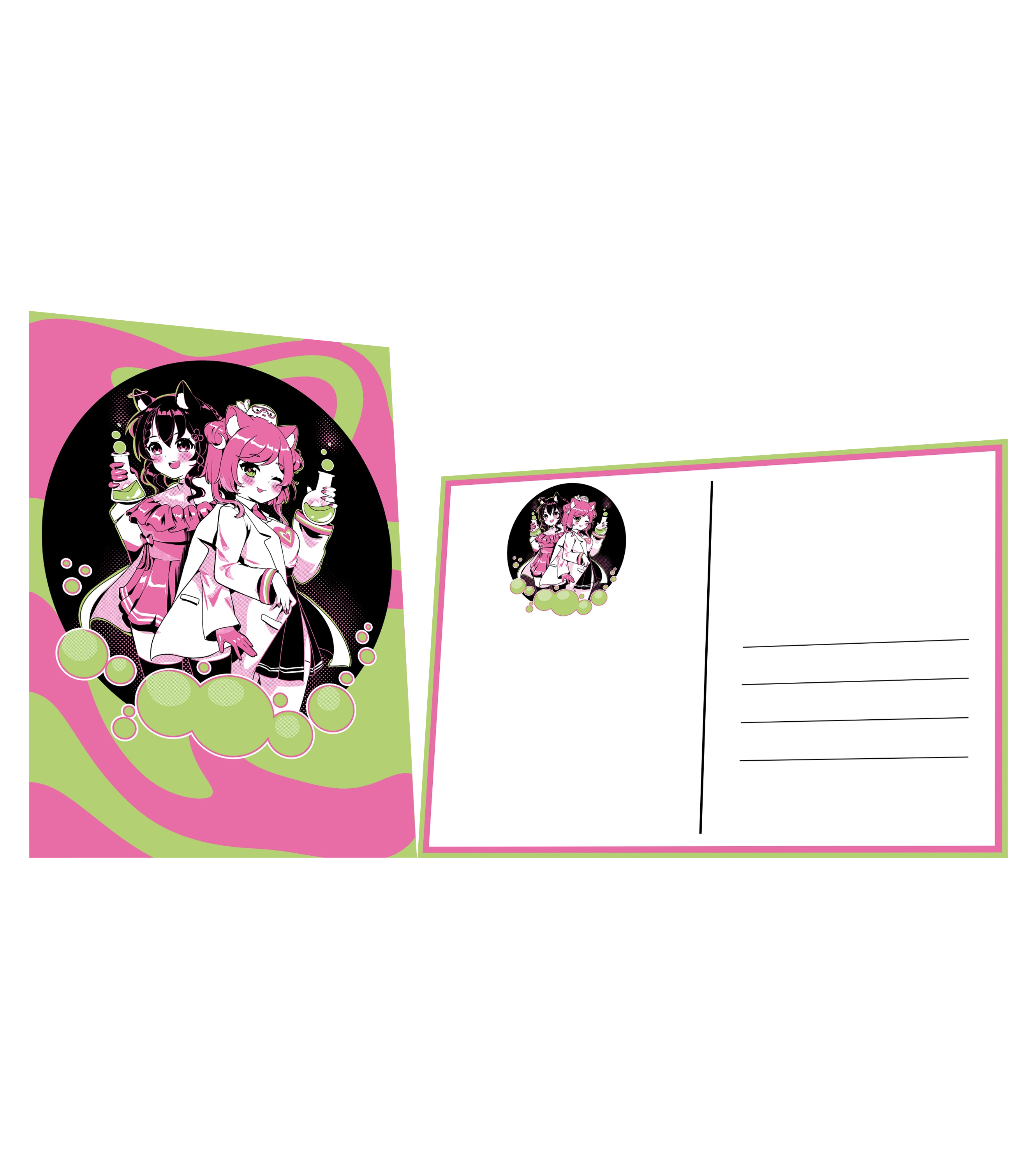 Anime-Postkarte mit zwei Manga-Girls in Pink und Grün, abgebildet mit Vorder- und Rückseite im Blubberblasen-Stil.

