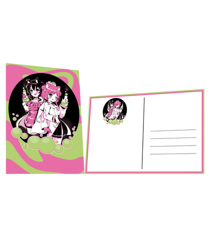 Anime-Postkarte mit zwei Manga-Girls in Pink und Grün, abgebildet mit Vorder- und Rückseite im Blubberblasen-Stil.

