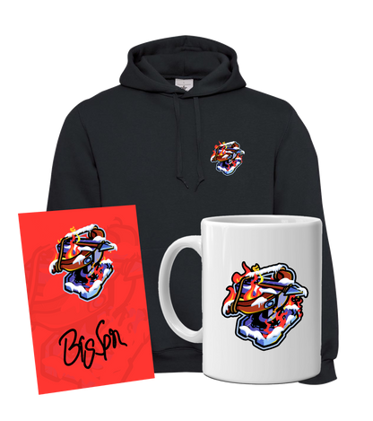 BigSpin Fan-Bundle mit schwarzem Hoodie, weißer Tasse und roter Autogrammkarte – alle mit dem brennenden Katapult-Motiv auf Eisblock.

