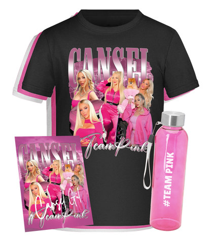 Cansel #TeamPink Bundle mit schwarzem T-Shirt, pinker Trinkflasche und signierter Autogrammkarte – offizieller Fanartikel für Girls