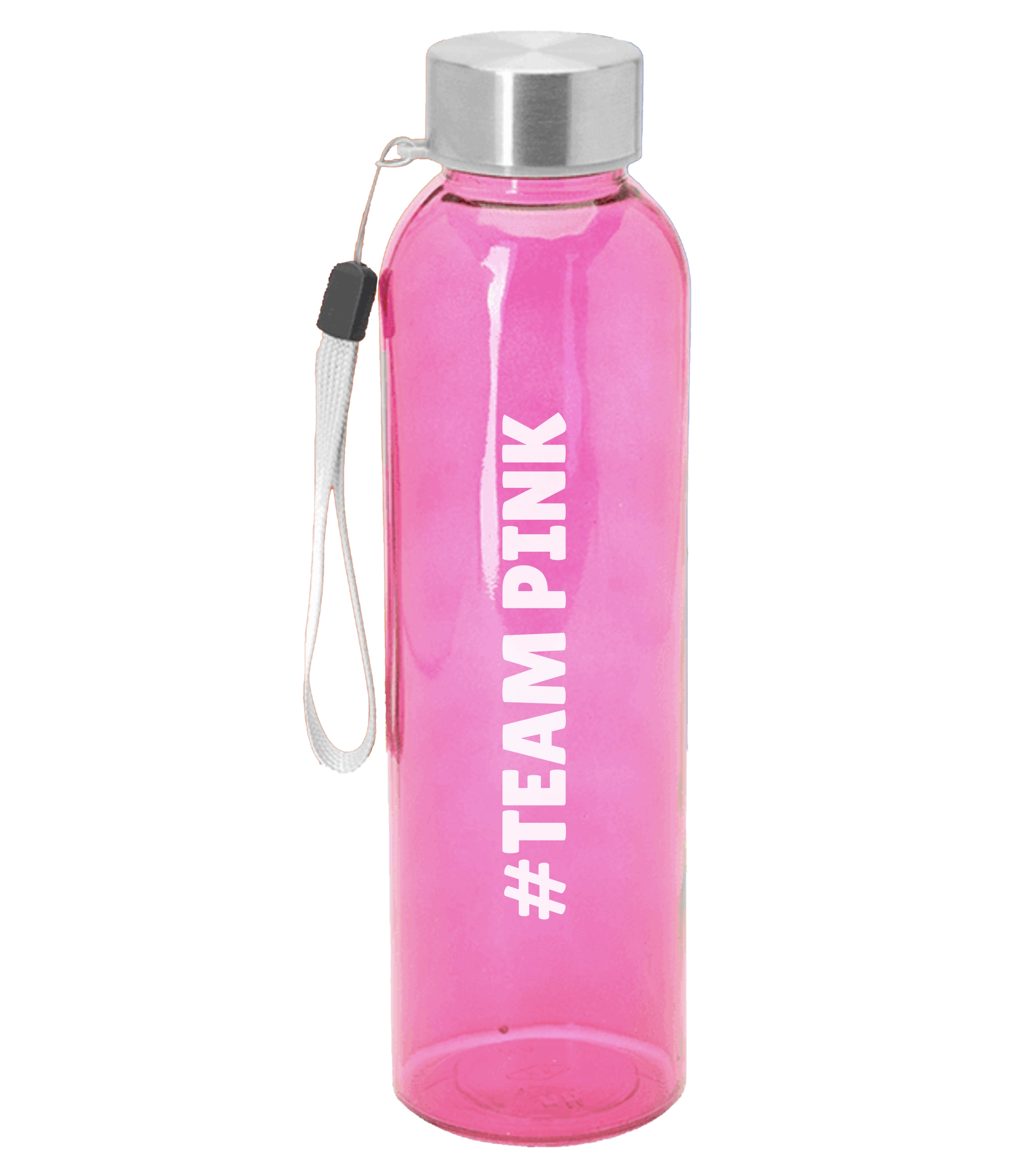 Pinkfarbene Trinkflasche mit weißem #TeamPink Schriftzug und silbernem Schraubdeckel – offizieller Cansel-Merch