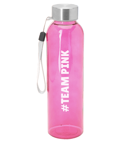Pinkfarbene Trinkflasche mit weißem #TeamPink Schriftzug und silbernem Schraubdeckel – offizieller Cansel-Merch