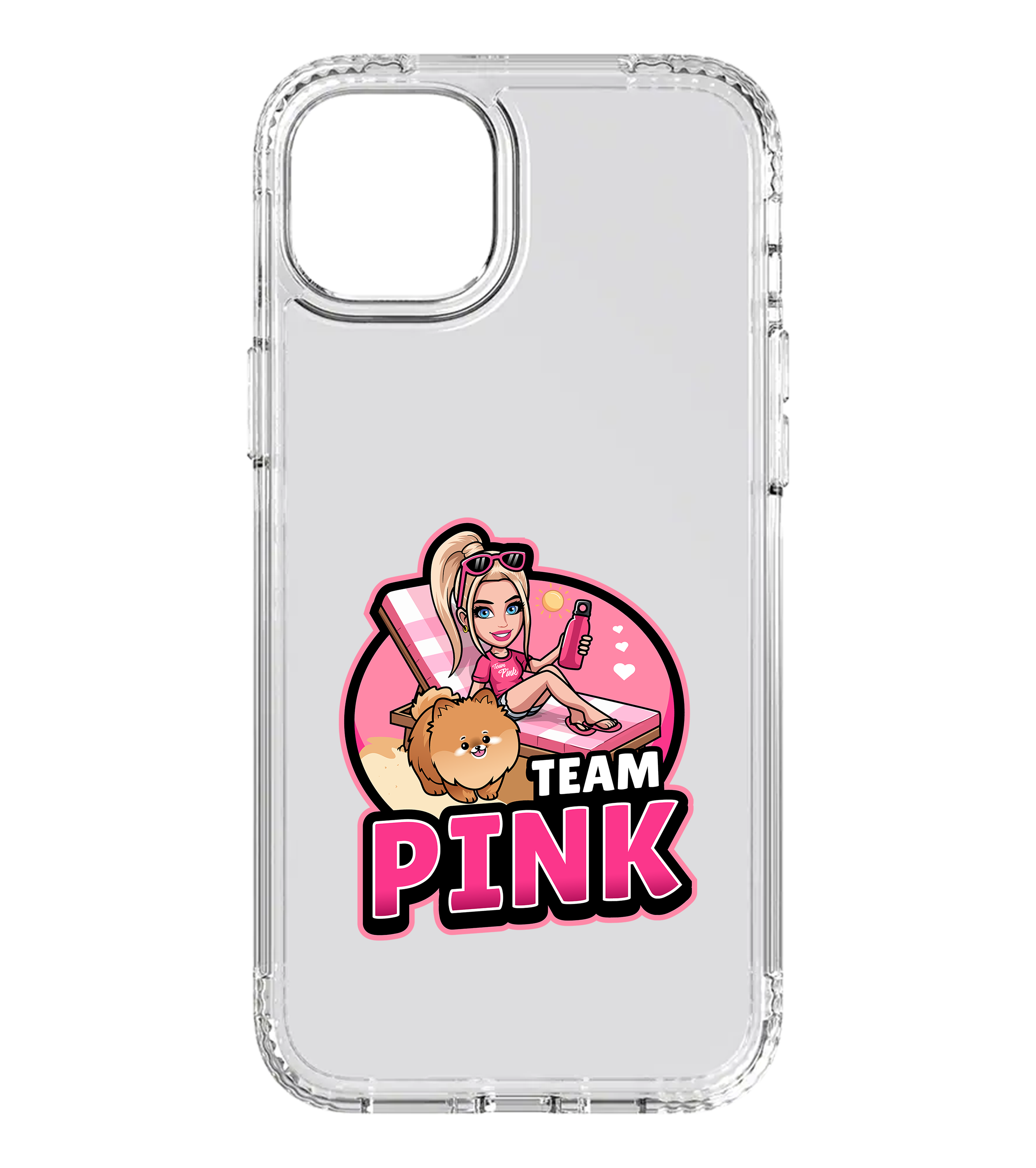 Transparente Handyhülle mit stylischem Canselguel-Motiv auf Sonnenliege, süßem Hund und „Team Pink“-Schriftzug – farbenfrohes Accessoire für Fans der Creatorin.

