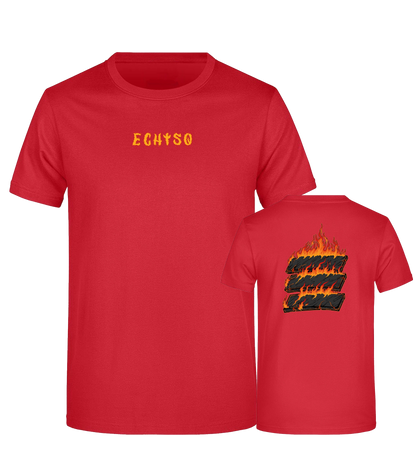 Rotes T-Shirt mit gelbem „Echtso“-Schriftzug auf der Vorderseite und markantem Flammenlogo auf der Rückseite – auffälliges Design aus der neuen Kollektion.

