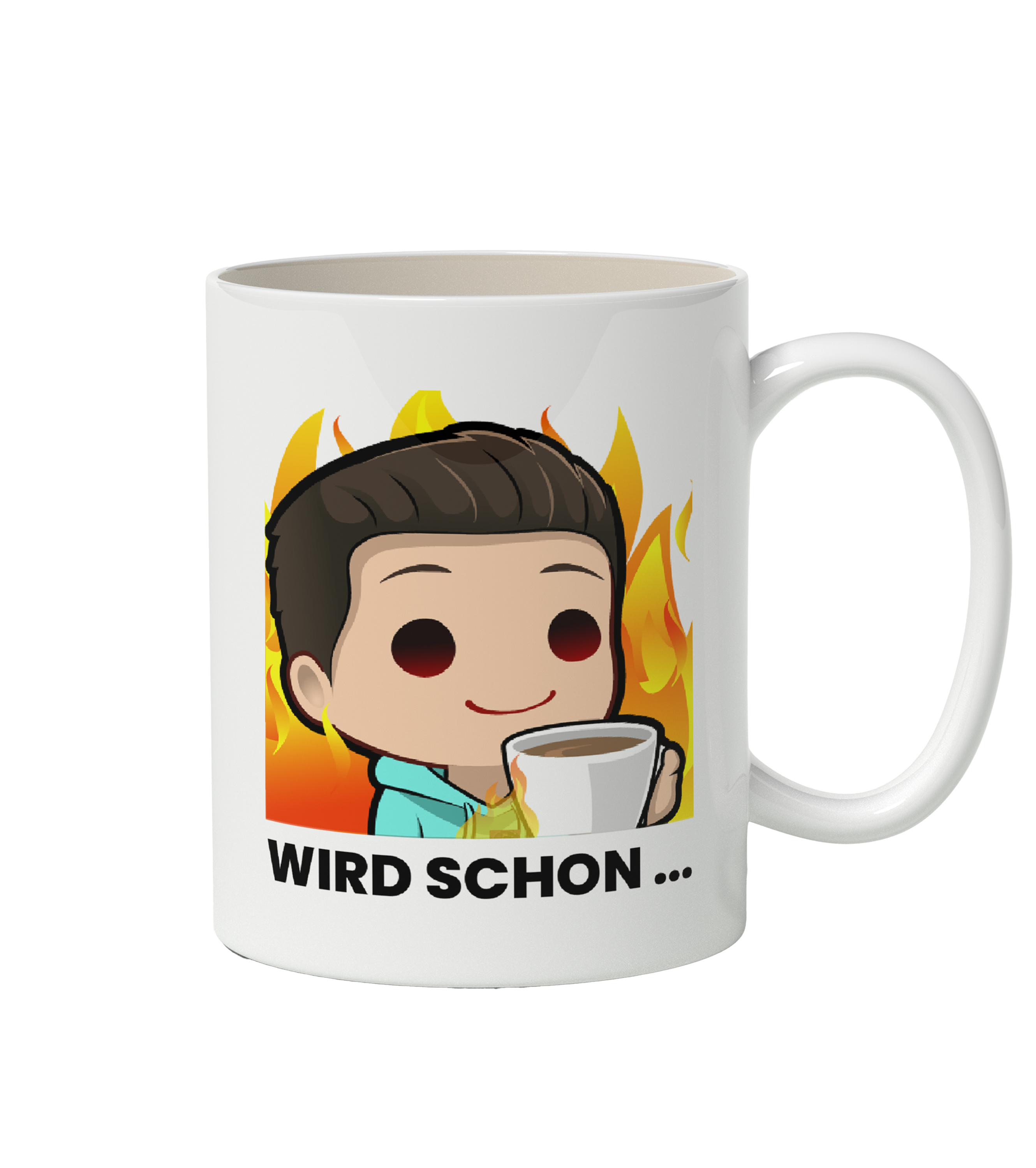Weiße Tasse mit Comicfigur vor Flammen und dem Text „Wird schon …“ – humorvolles Motiv für stressige Tage.