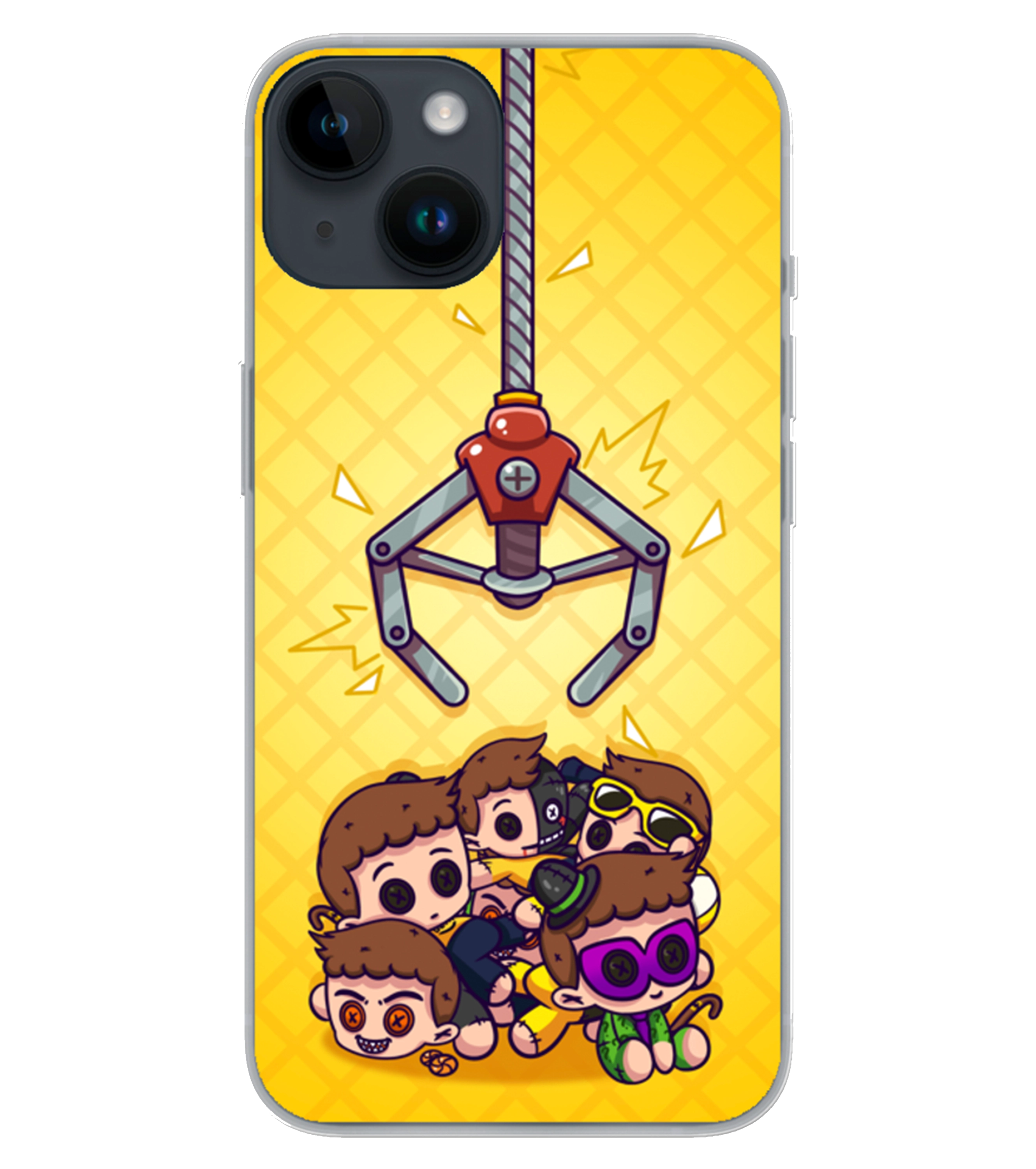 Handyhülle mit Greifarm-Motiv über einer Gruppe von Comicfiguren im Chibi-Stil auf gelbem Hintergrund