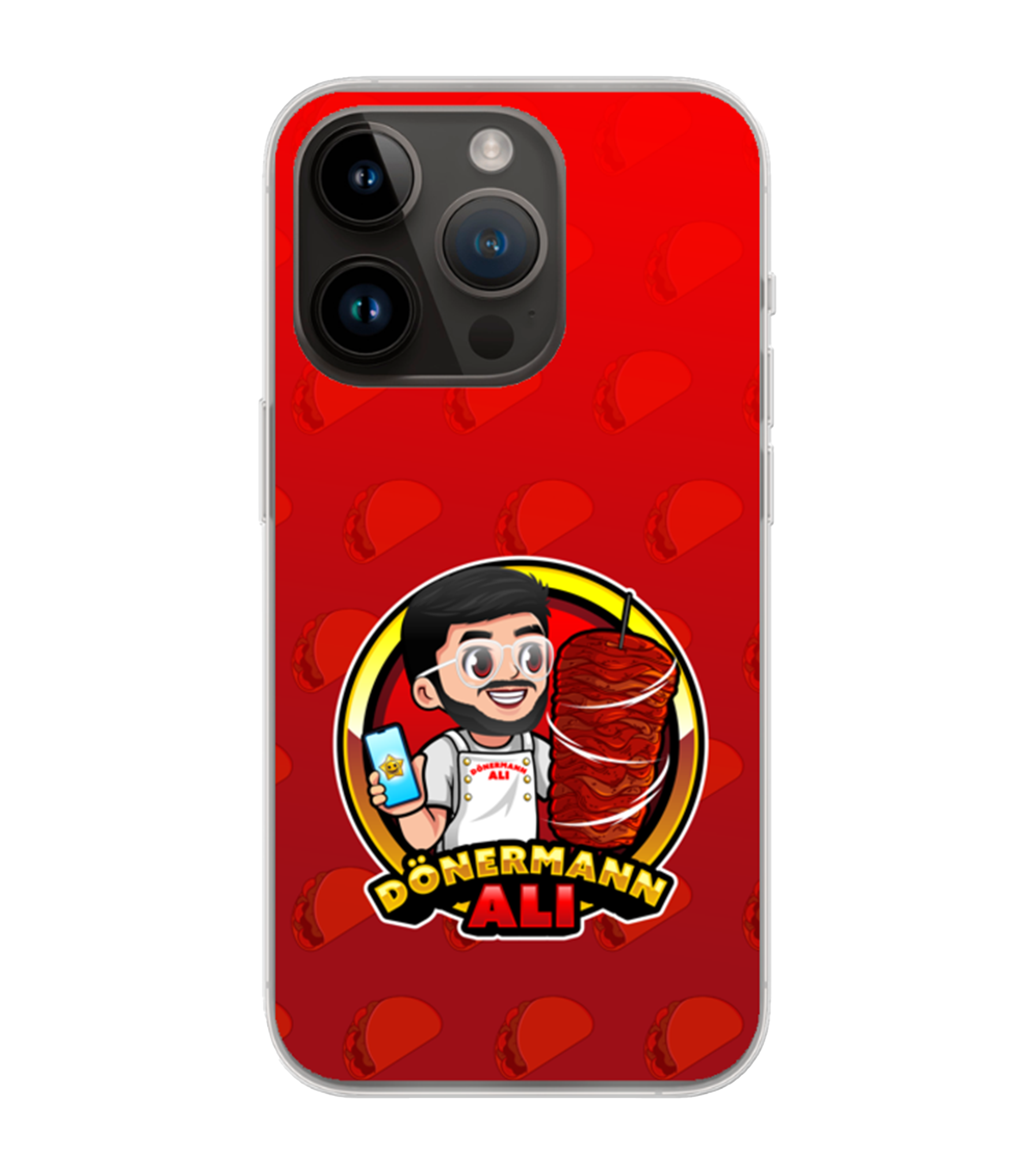 Handyhülle mit Comicfigur „Dönermann Ali“ vor rotem Hintergrund mit Döner-Muster und Smartphone in der Hand

