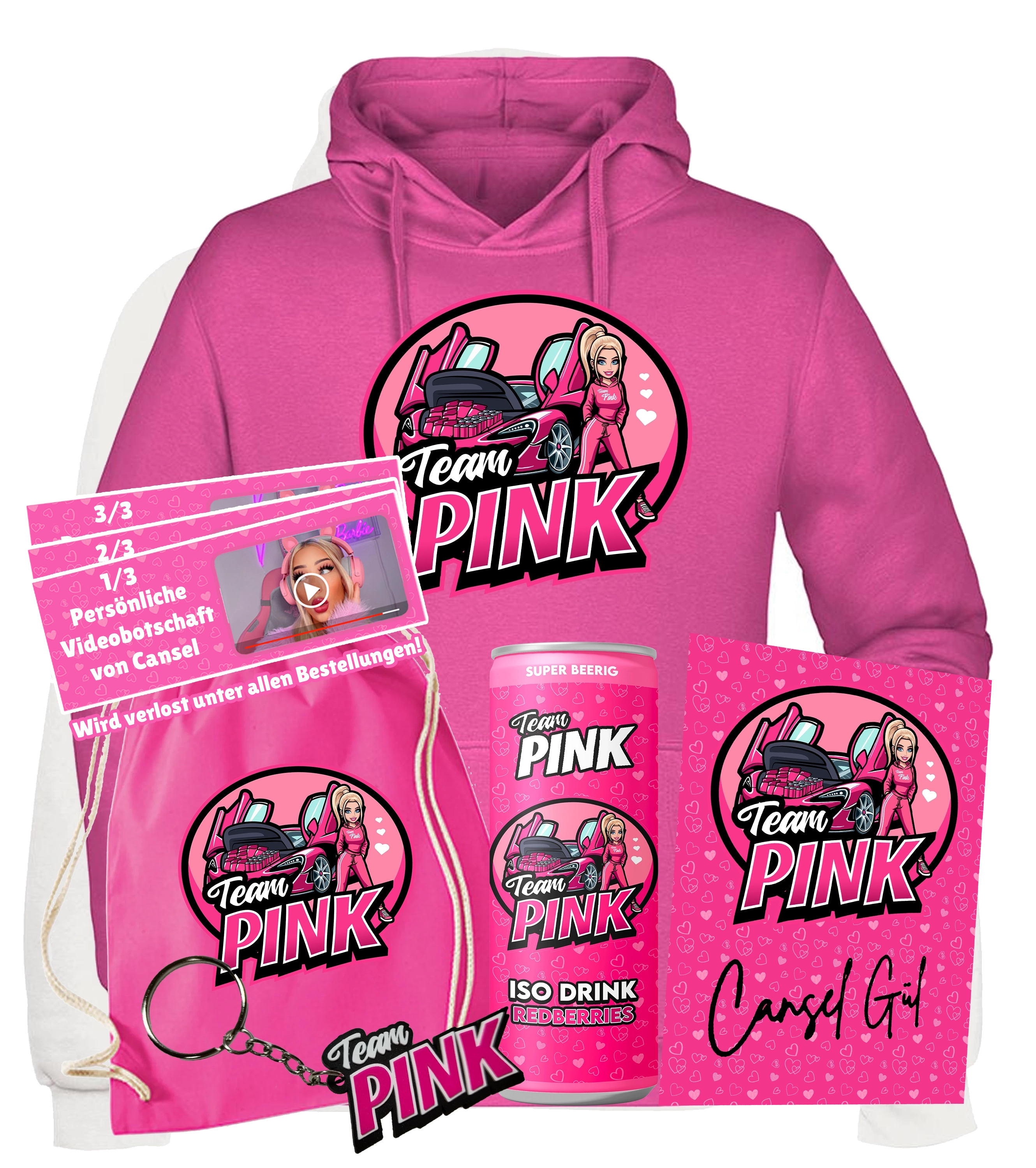 #TEAMPINK Canselguel - Hoodie + #TeamPink Drink + Schlüsselanhänger + Turnbeutel & handsignierte Autogrammkarte