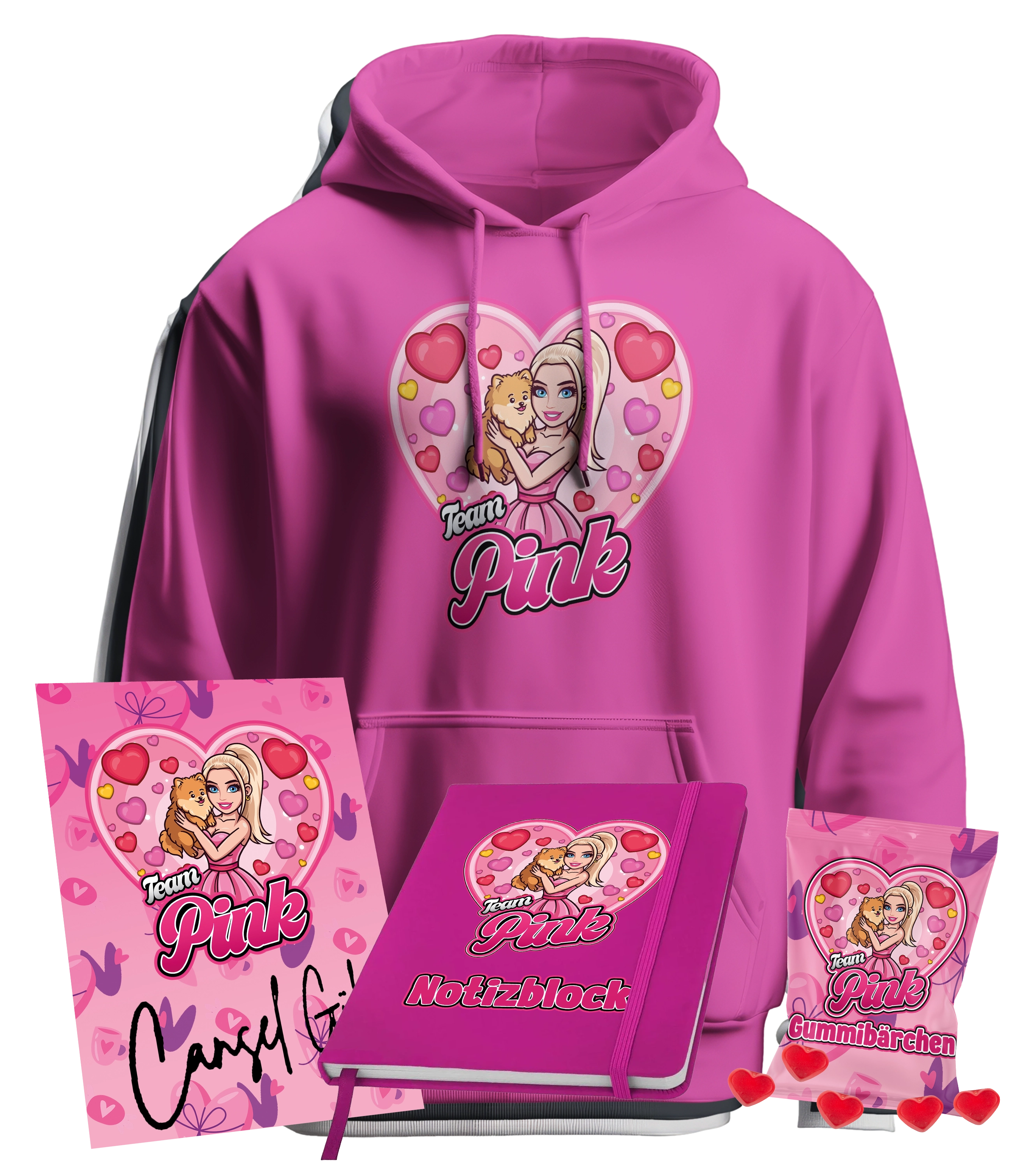 CanselGuel #TEAMPINK Valentinstag Bundle - Hoodie + Notizbuch + Gummibärchen + Autogrammkarte