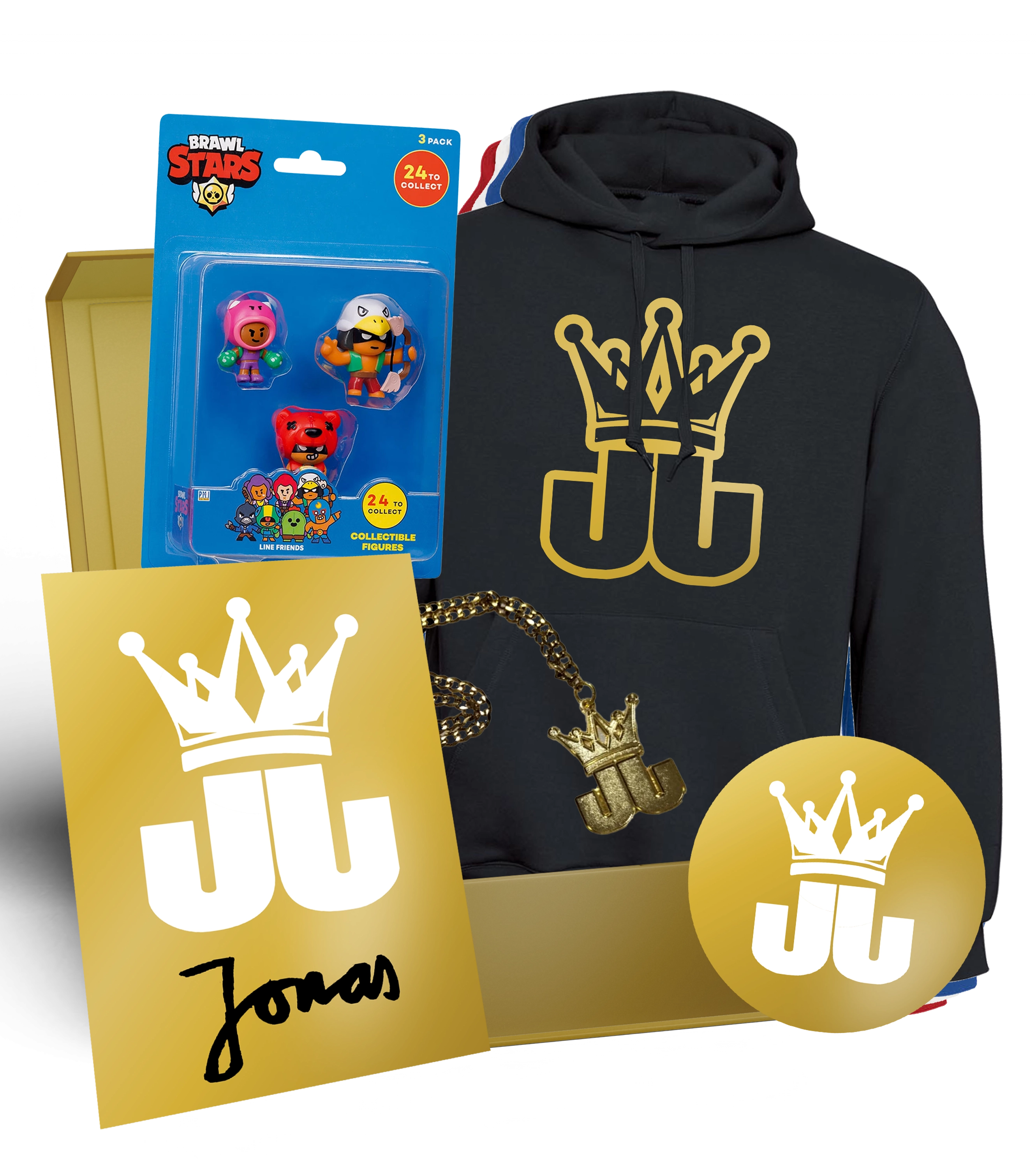 Jo Jonas Goldbox - Hoodie + Goldbox + Goldkette + Brawl Stars 3er Blister + Gold Sticker + goldene Autogrammkarte