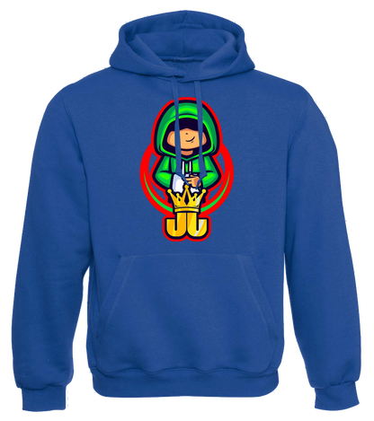 Blauer Hoodie mit Jo Jonas Design: grüner Kapuzen-Charakter mit gelber Krone und Peace-Pose – auffälliges Fan-Merch für Gaming- und Streetwear-Fans.