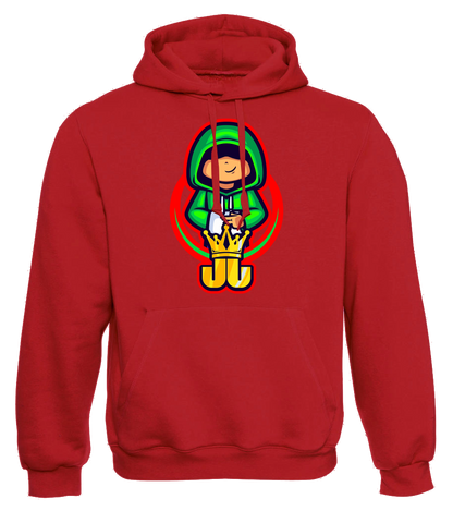Roter Hoodie mit Jo Jonas Design: stylischer Charakter im grünen Hoodie mit gelber Krone – auffälliges Fan-Merch mit Gaming-Vibe für Teens und Creator-Fans.