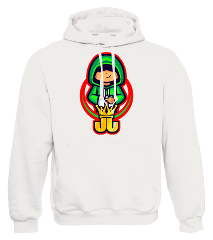 Weißer Jo Jonas Hoodie mit buntem Charakter-Motiv im grünen Hoodie und gelber Krone – stylischer Unisex-Pullover für Fans des Creators.