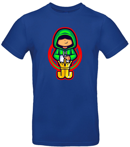 Blaues T-Shirt mit Jo Jonas Peace-Motiv – stylisches Gaming-Design mit grünem Hoodie-Charakter, rotem Rahmen und goldener Krone.
