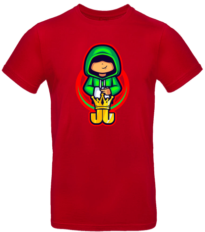 Rotes T-Shirt mit Jo Jonas Peace-Motiv – Gamer-Design mit grünem Hoodie, goldener Krone und markantem roten Hintergrund.

