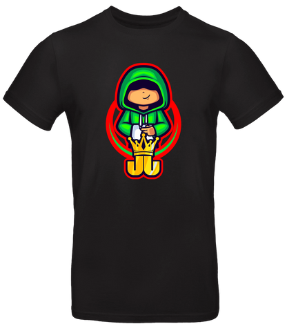 Schwarzes T-Shirt mit Jo Jonas Peace-Motiv – stylisches Shirt mit grünem Hoodie-Charakter und goldener Krone für echte Gaming-Fans.

