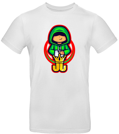 Weißes T-Shirt mit Jo Jonas Peace-Motiv – verspieltes Design mit grünem Hoodie-Charakter und goldener Krone für junge Gamer:innen.

