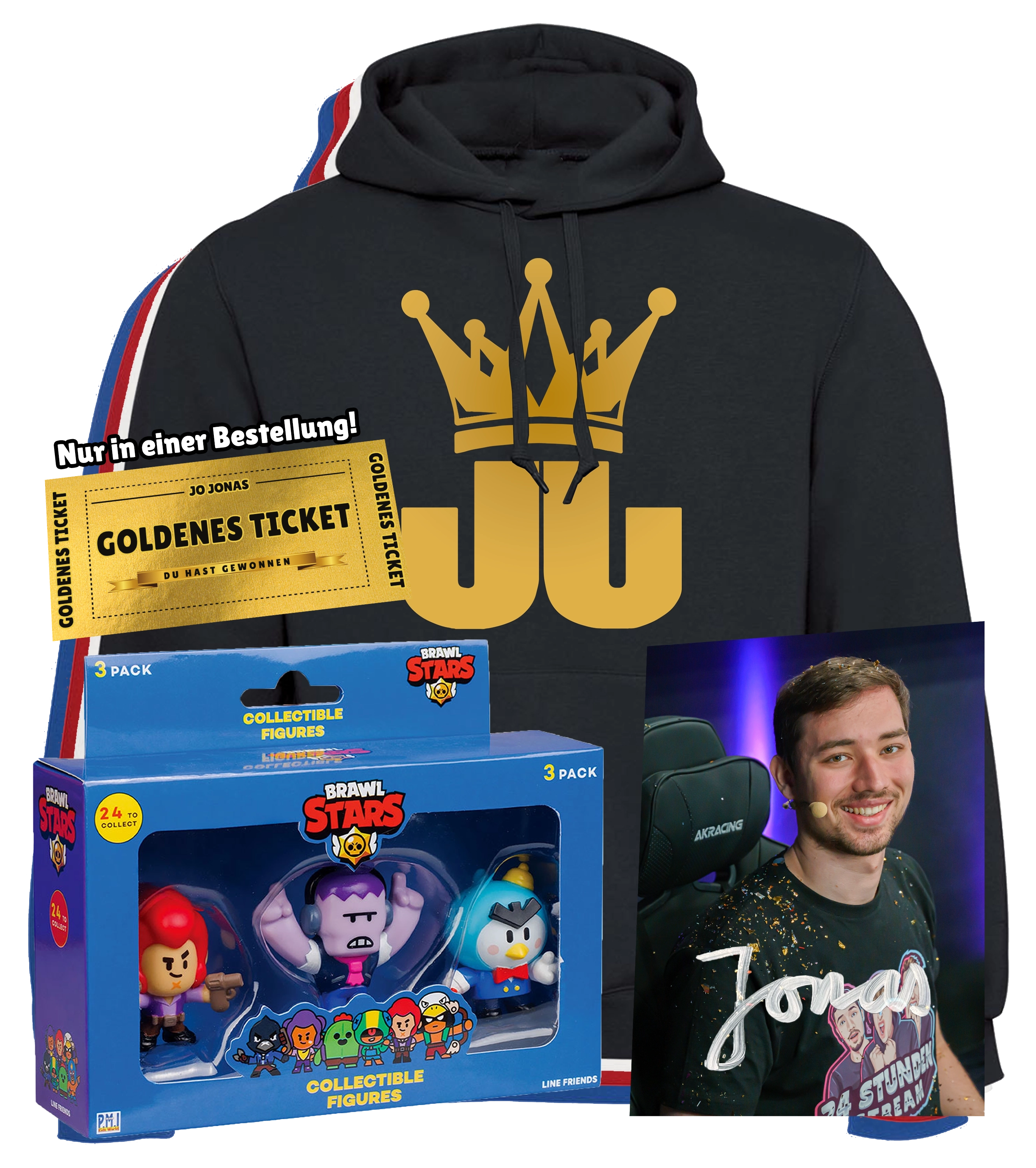 Jo Jonas "Krone" Bundle - Hoodie + Brawl Stars Set + handsignierte Autogrammkarte