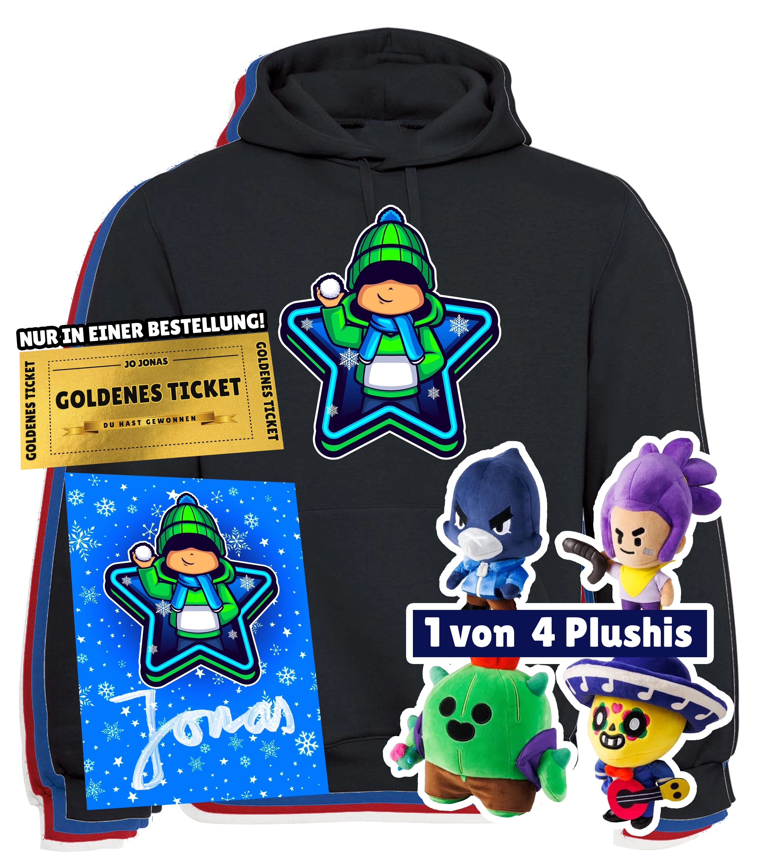 Jo Jonas Winter Bundle - Hoodie + Brawl Stars Plushi + handsignierte Autogrammkarte