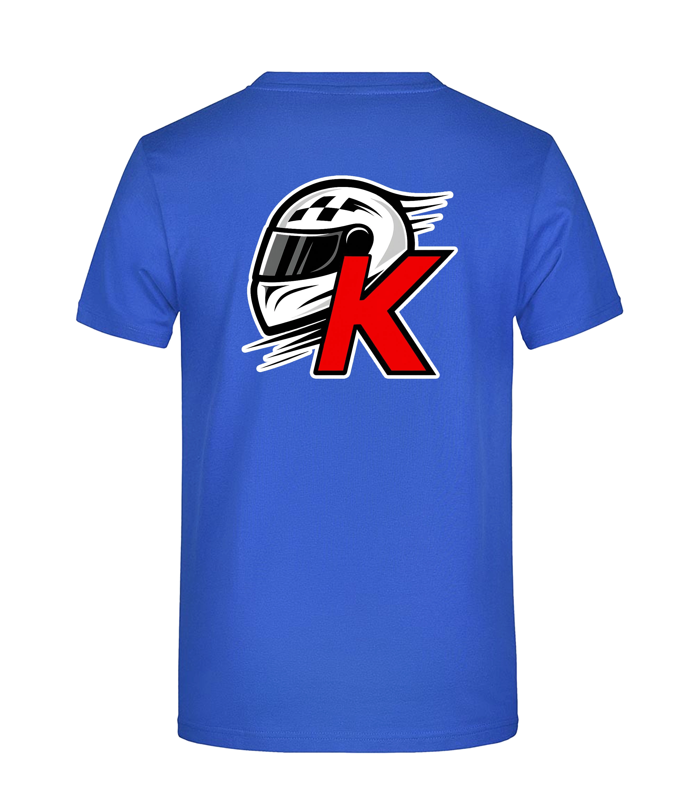 Rückseite eines blauen T-Shirts mit großem Motorsport-Design: weißer Rennhelm mit schwarzem Visier und rotem Buchstaben „K“. Dynamischer Print für Racing-Fans.