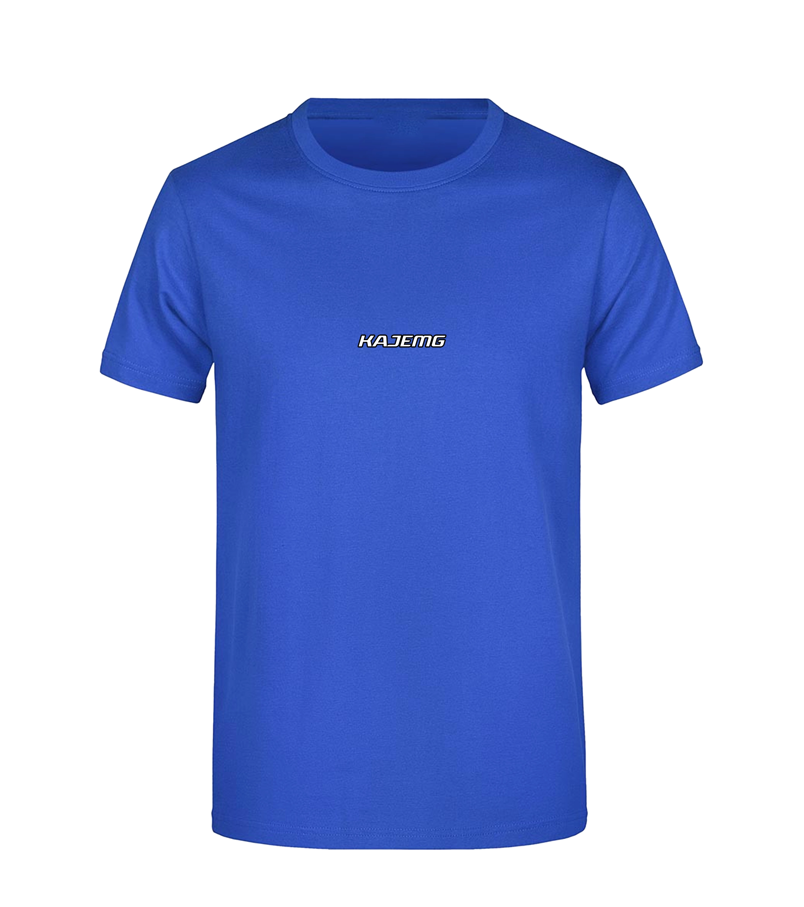 Vorderseite eines blauen T-Shirts mit kleinem weißen Schriftzug „KAJEMG“ in sportlicher Typografie auf der Brust. Minimalistisches Motorsport-Design.