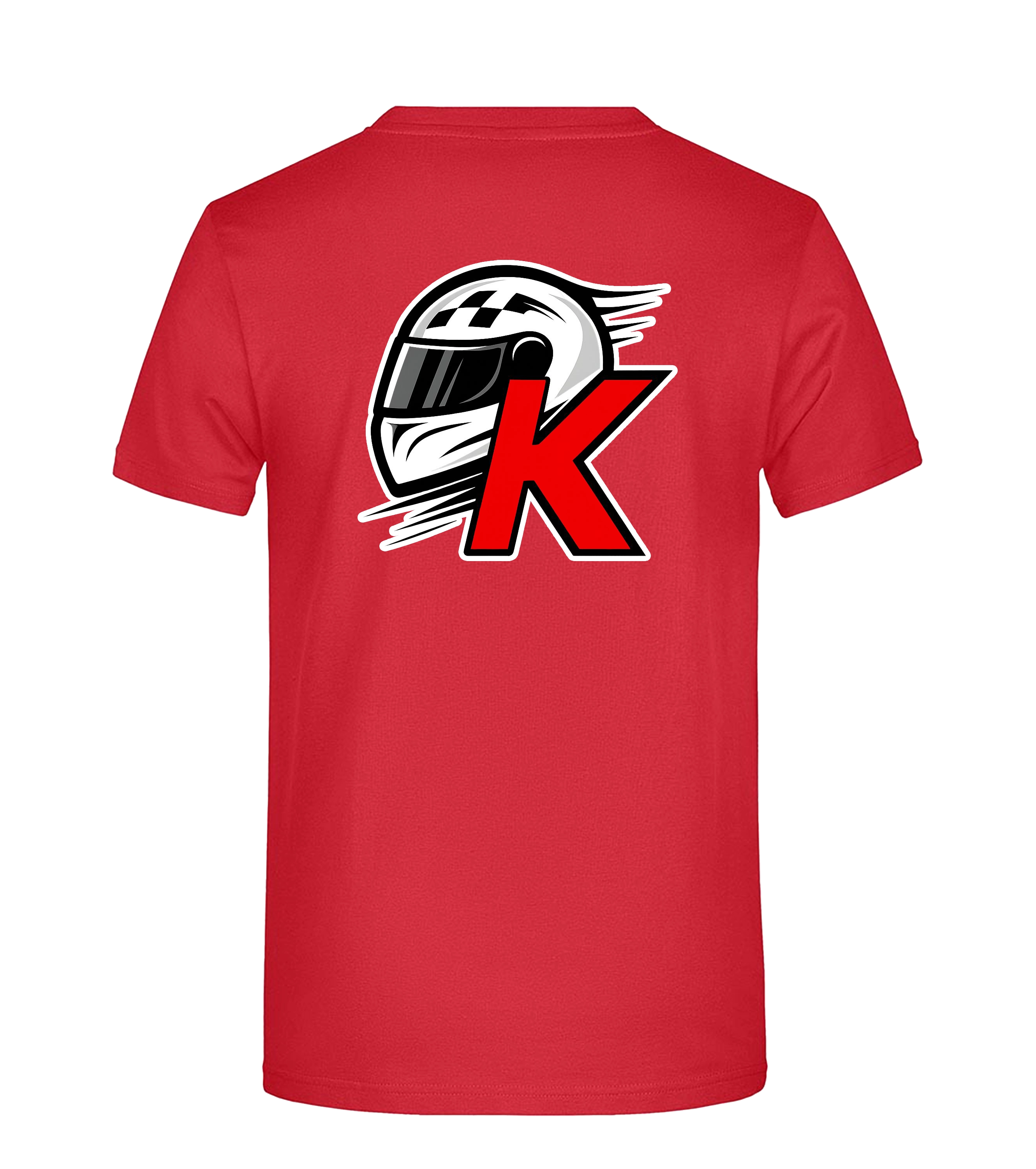 Rückseite eines roten T-Shirts mit großem weißen Helm-Logo und rotem Buchstaben „K“. Motorsport-inspiriertes Design mit markantem Rückendruck.