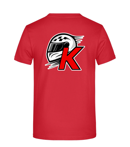 Rückseite eines roten T-Shirts mit großem weißen Helm-Logo und rotem Buchstaben „K“. Motorsport-inspiriertes Design mit markantem Rückendruck.