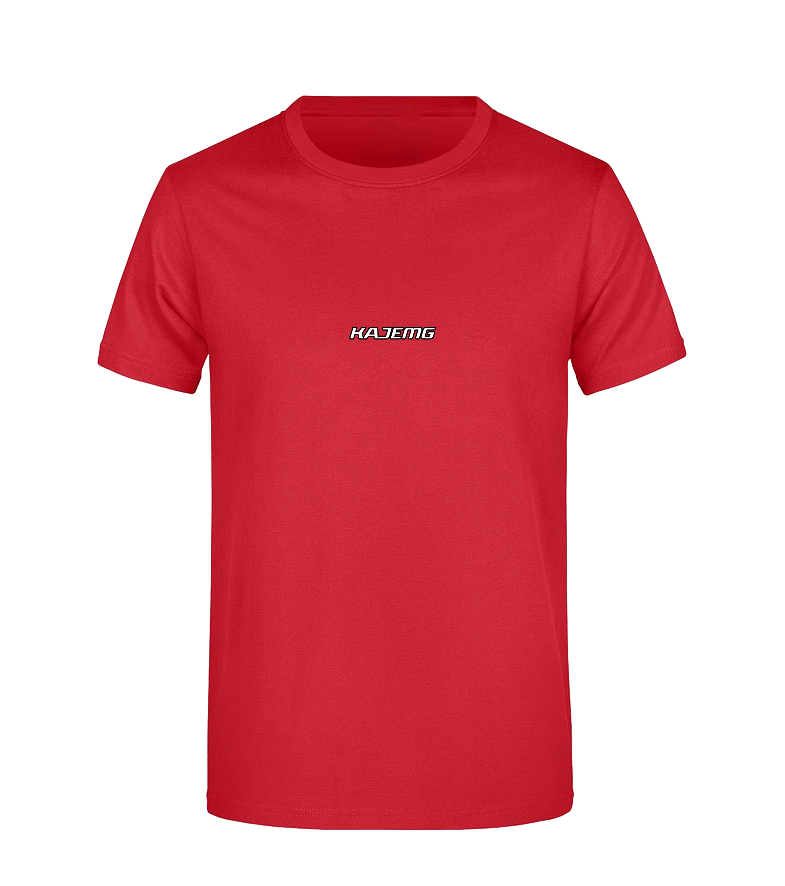 Vorderseite eines roten T-Shirts mit kleinem weißen Schriftzug „KAJEMG“ auf der Brust. Schlichtes Motorsport-Design mit klarer Markenoptik.