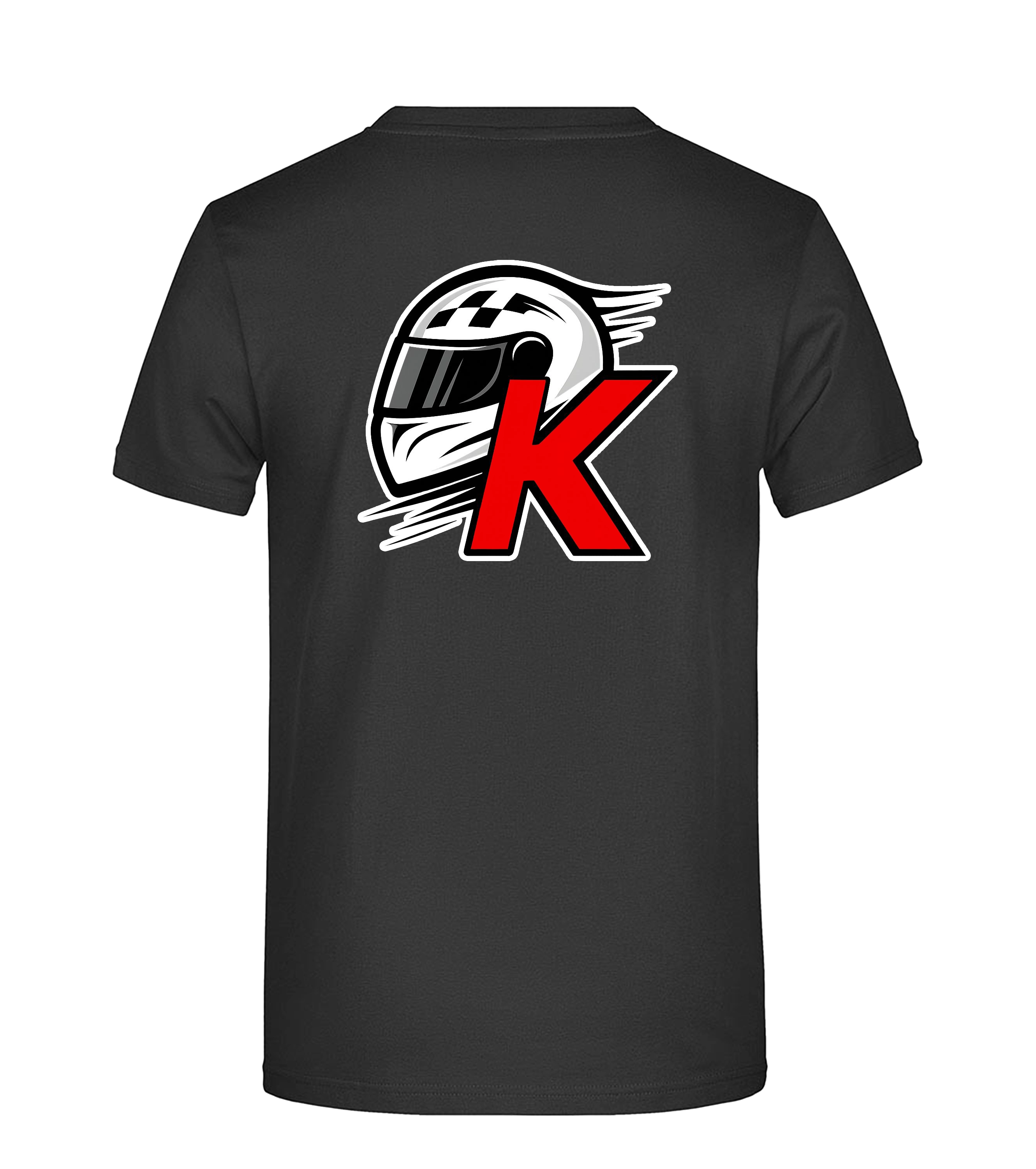 Rückseite eines schwarzen T-Shirts mit großem Motorsport-Logo: weißer Rennhelm mit schwarzen Details und einem auffälligen roten „K“. Dynamisches Racing-Design für Motorsport-Fans.