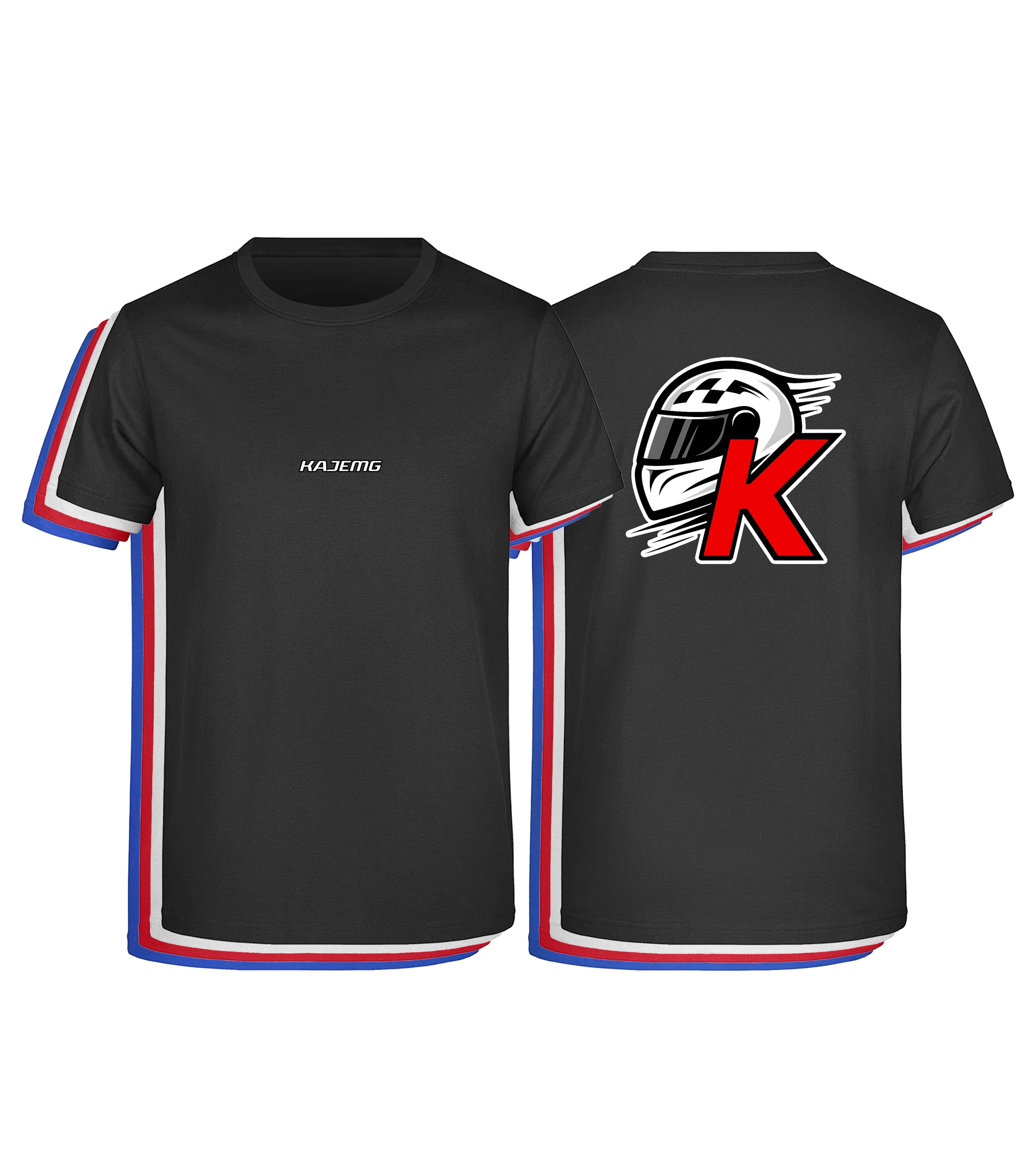 Schwarzes T-Shirt mit Motorsport-Design von Kajemg. Vorderseite mit schlichtem weißen „KAJEMG“-Schriftzug auf der Brust. Rückseite mit großem Helm-Logo in Weiß und einem roten „K“ im sportlichen Stil. Ideal für Racing- und Motorsport-Fans.