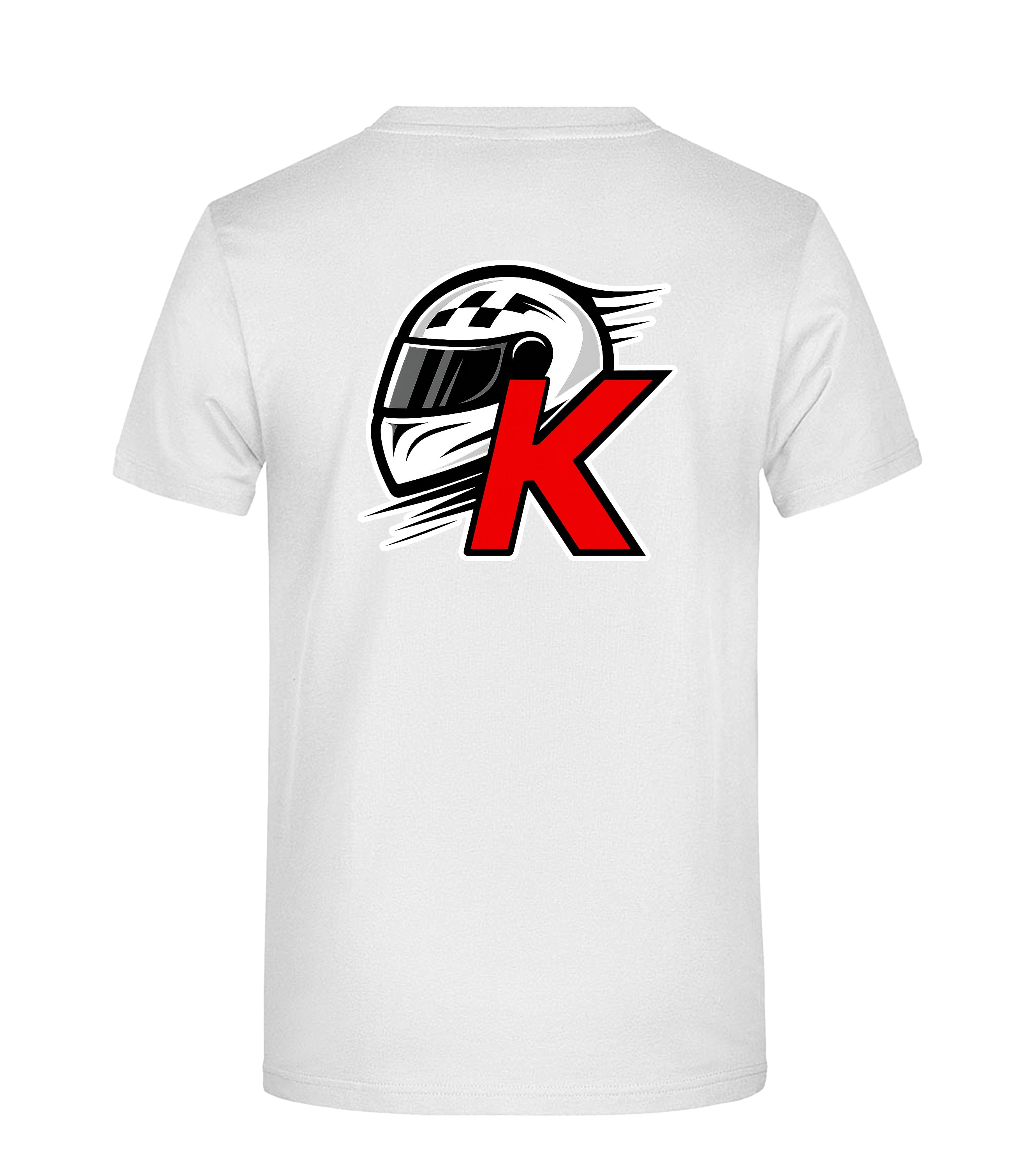 Rückseite eines weißen T-Shirts mit großem Motorsport-Design: schwarzer Rennhelm mit dynamischen Linien und rotem „K“-Buchstaben als auffälliges Logo.