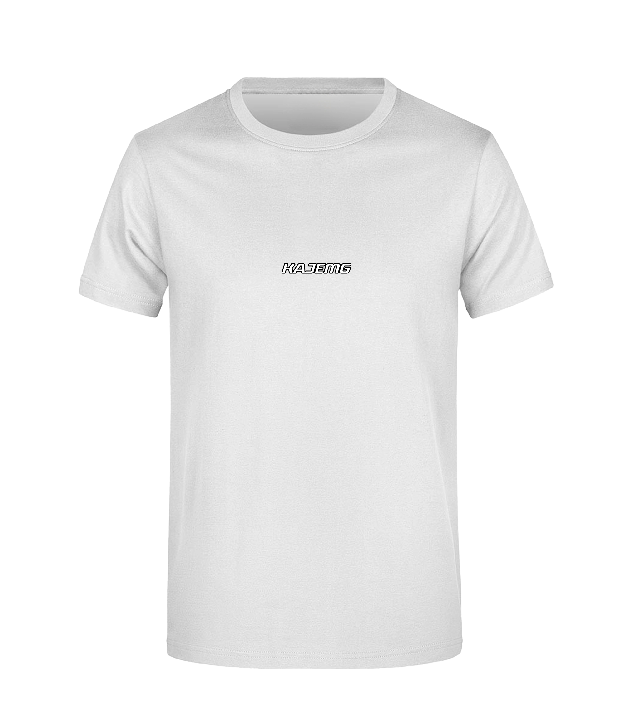 Vorderseite eines weißen T-Shirts mit dezentem schwarzen Schriftzug „KAJEMG“ auf der Brust. Minimalistisches Motorsport-Design im cleanen Stil.