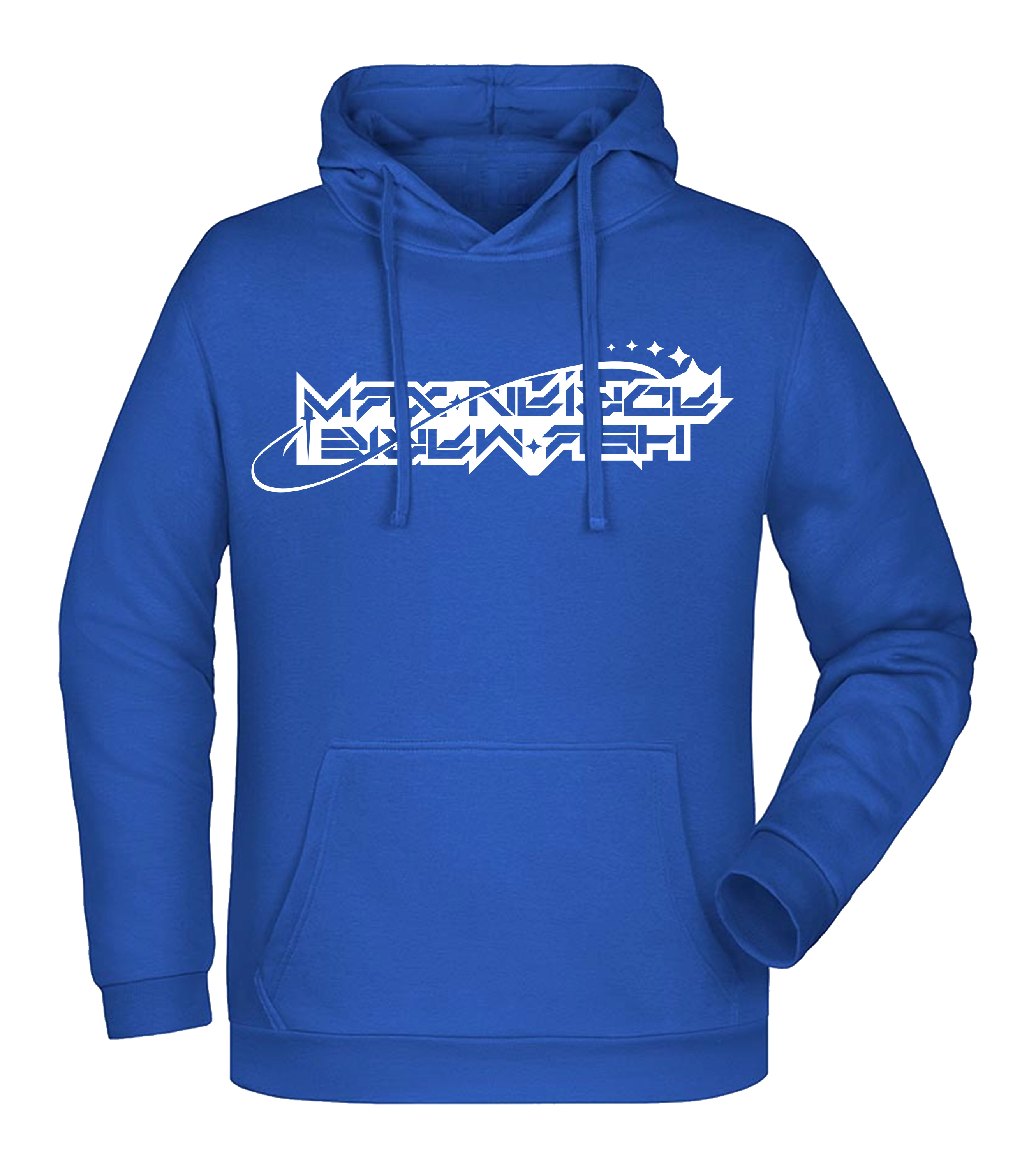Blauer Hoodie mit weißem „Maximale Ehrlichkeit“-Logo in futuristischer Schrift auf der Brust.

