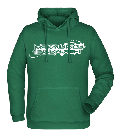Grüner Hoodie mit weißem „Maximale Ehrlichkeit“-Schriftzug in futuristischer Schriftart und Kapuze mit Kordelzug.

