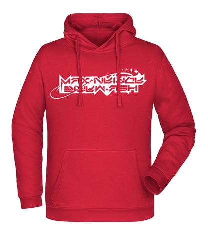 Roter Kapuzenpullover mit spacigem „Maximale Ehrlichkeit“-Logo in Weiß auf der Brust.

