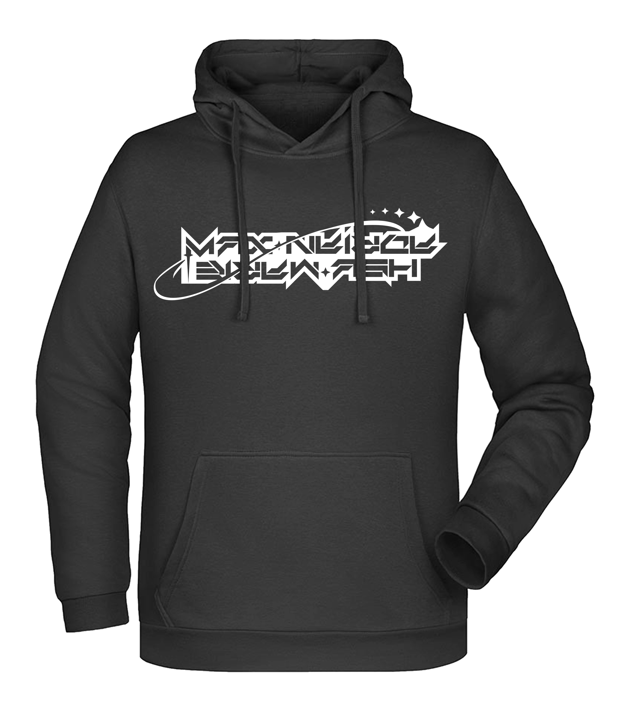 Schwarzer Hoodie mit weißem „Maximale Ehrlichkeit“-Schriftzug in futuristischer Schriftart und Kapuze mit Kordelzug.

